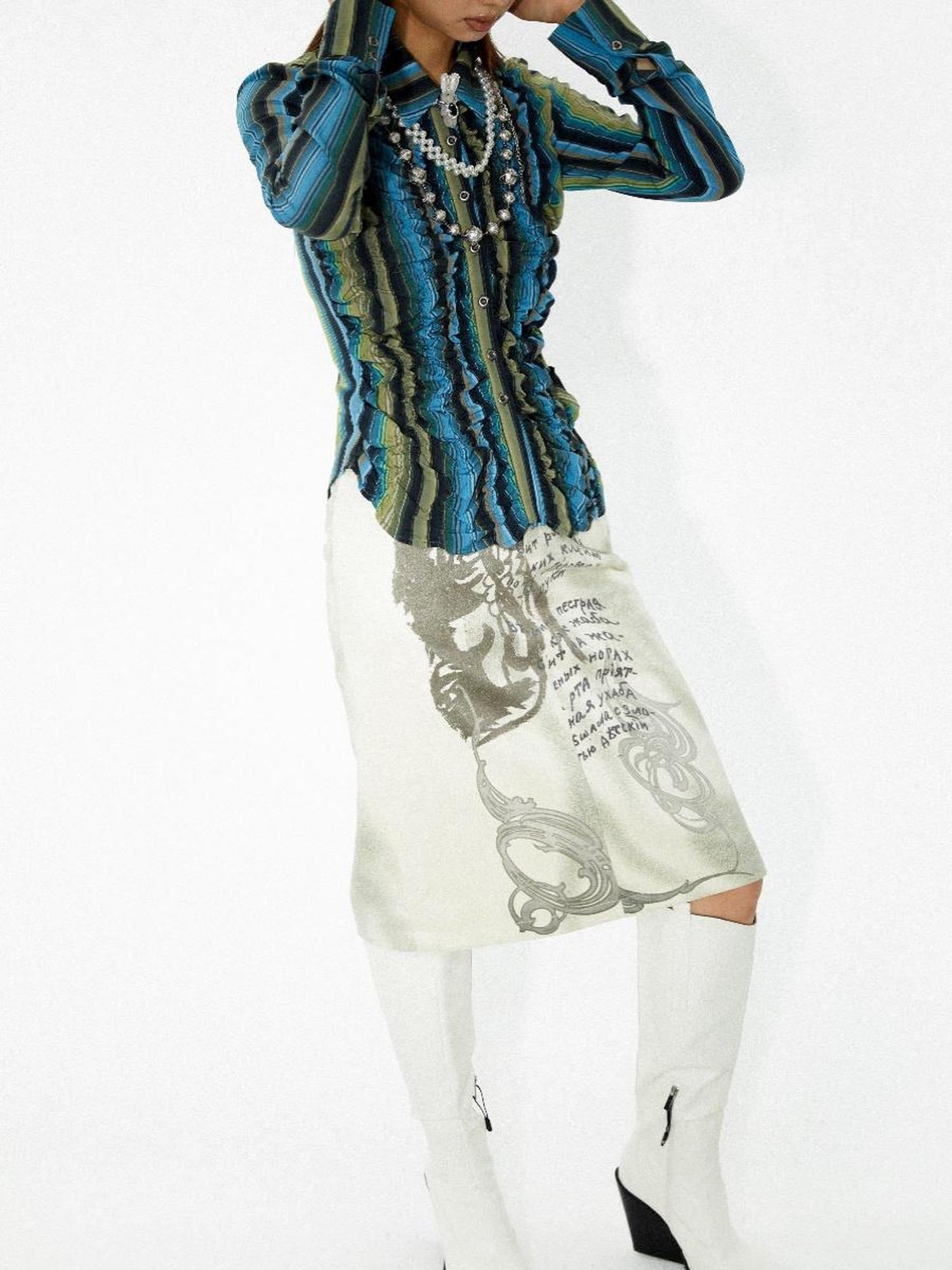 YOSHUYUKI Elastic Hem Asymmetrical Pleat Blue Green Contrast Stripe Shirt