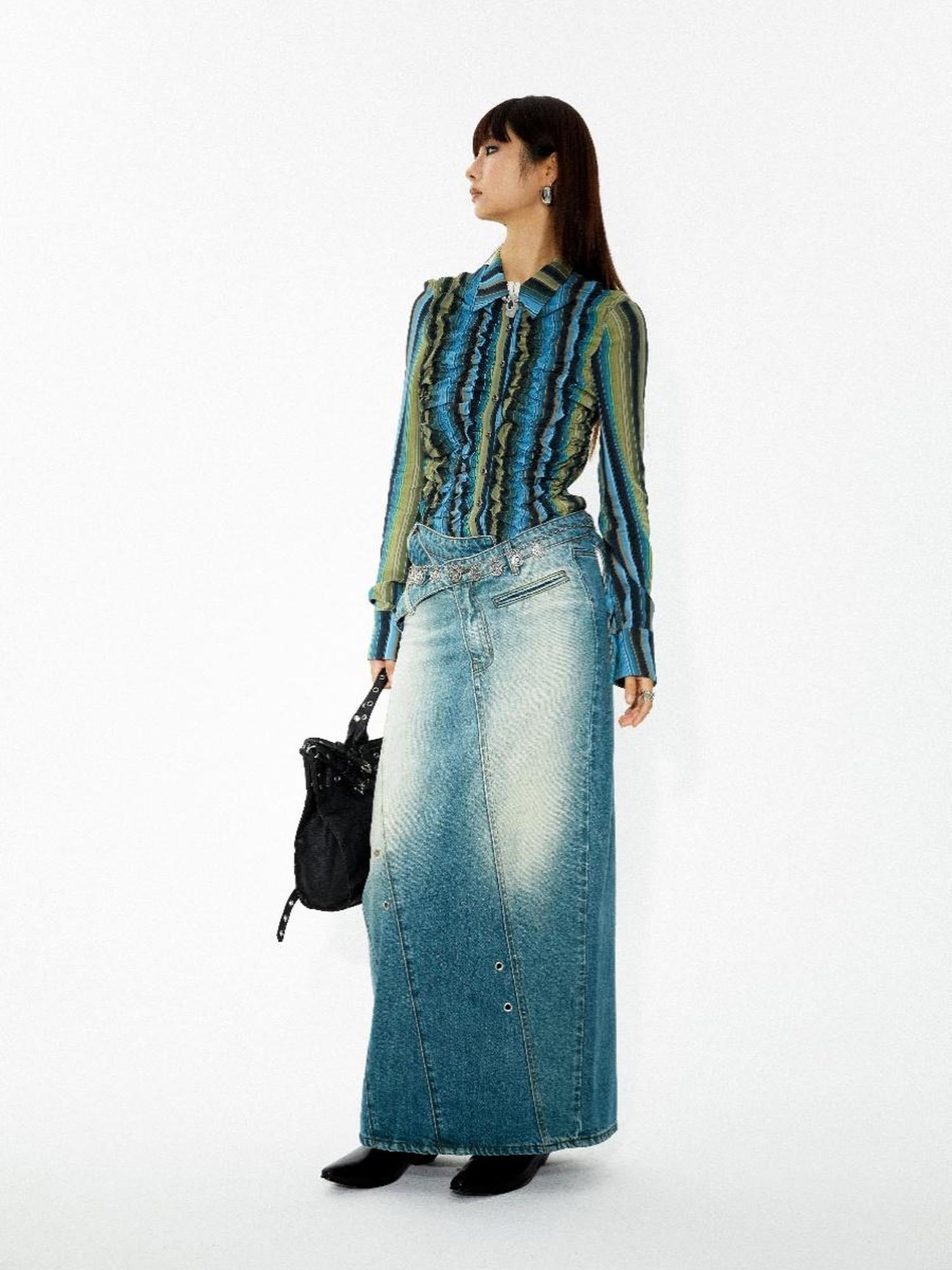 YOSHUYUKI Elastic Hem Asymmetrical Pleat Blue Green Contrast Stripe Shirt