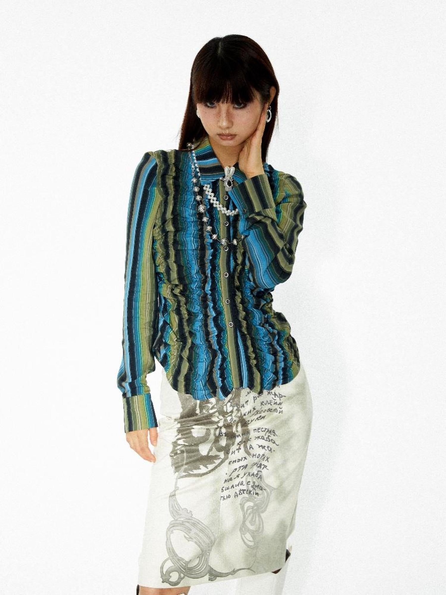 YOSHUYUKI Elastic Hem Asymmetrical Pleat Blue Green Contrast Stripe Shirt