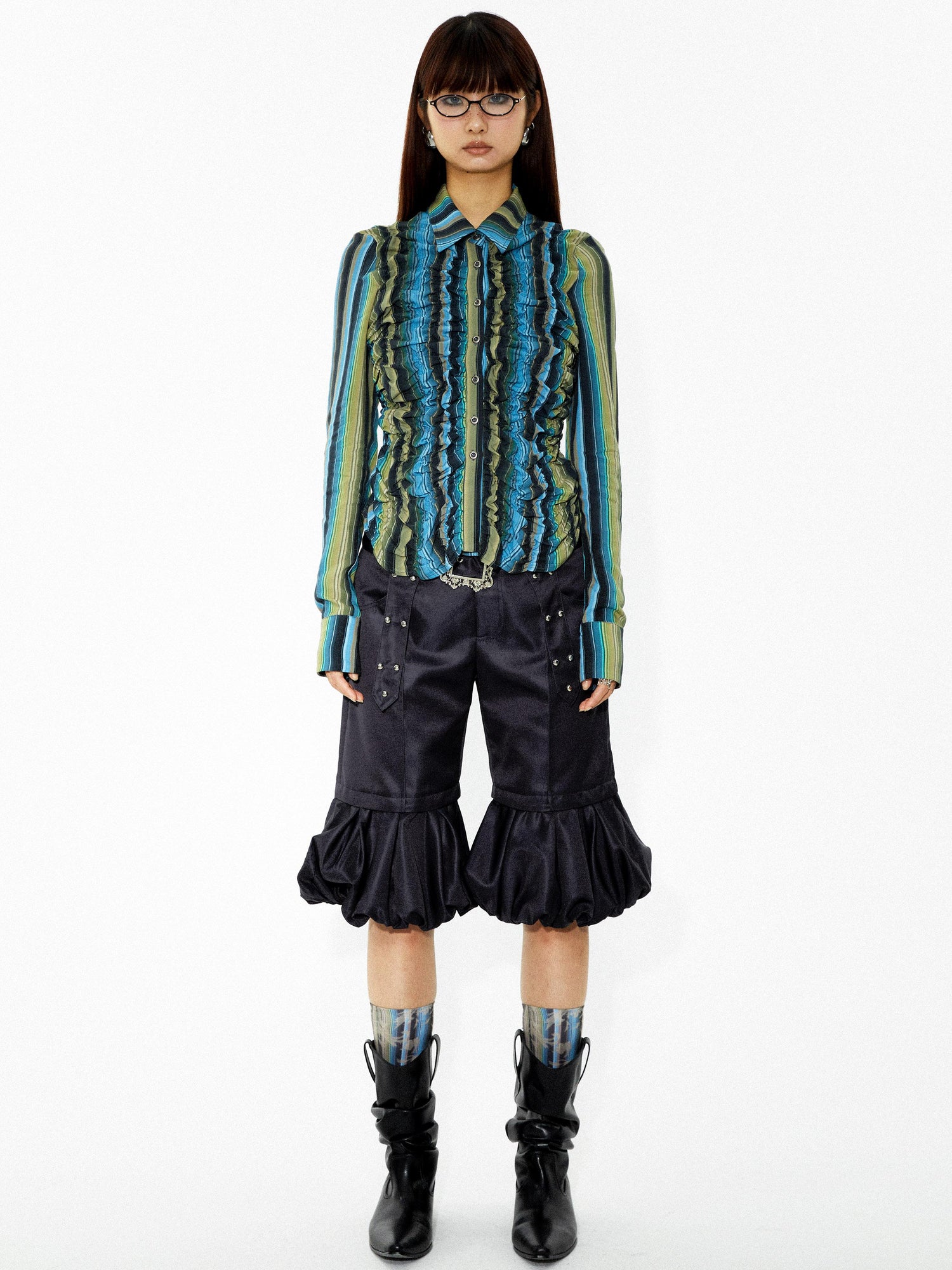 YOSHUYUKI Elastic Hem Asymmetrical Pleat Blue Green Contrast Stripe Shirt