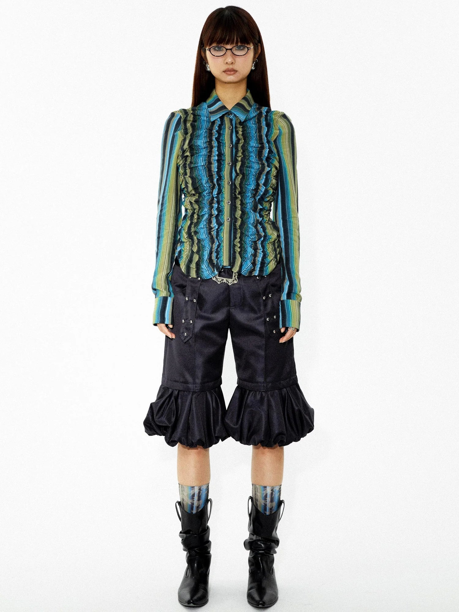 Elastic Hem Asymmetrical Pleat Blue Green Contrast Stripe Shirt