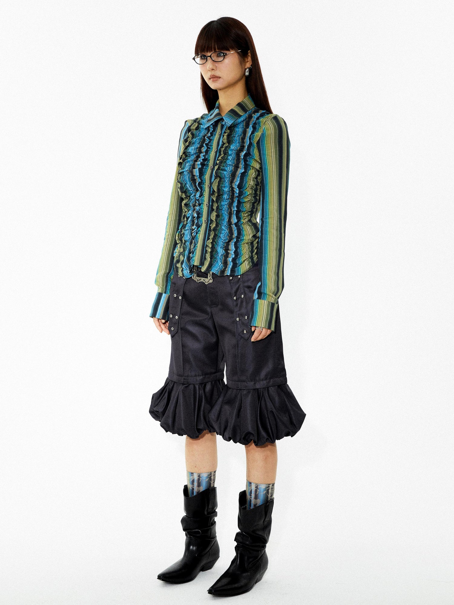 YOSHUYUKI Elastic Hem Asymmetrical Pleat Blue Green Contrast Stripe Shirt