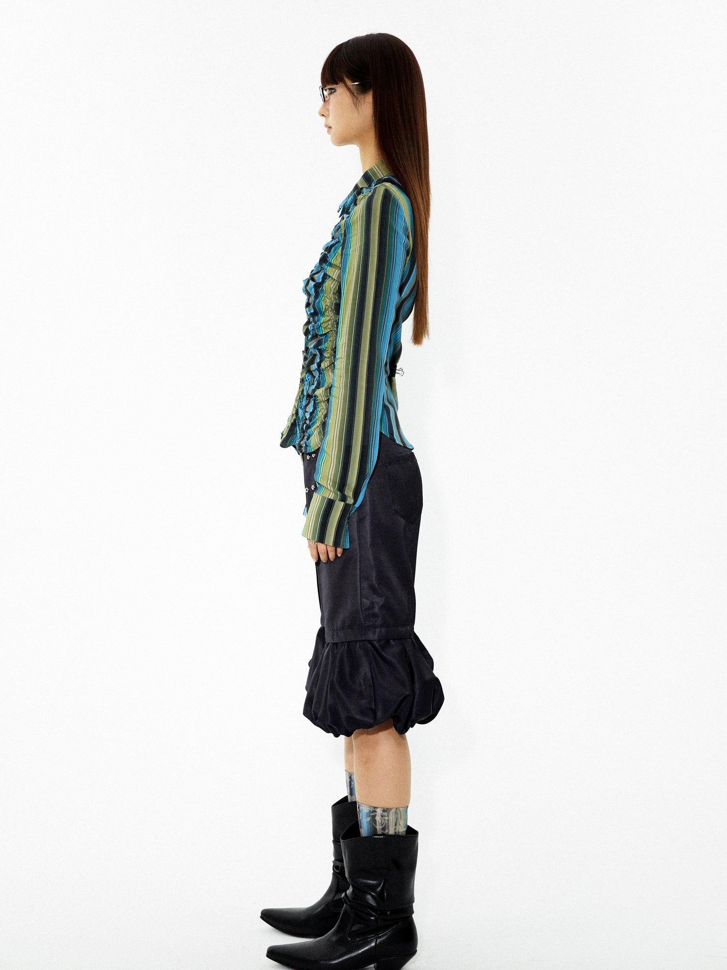 YOSHUYUKI Elastic Hem Asymmetrical Pleat Blue Green Contrast Stripe Shirt