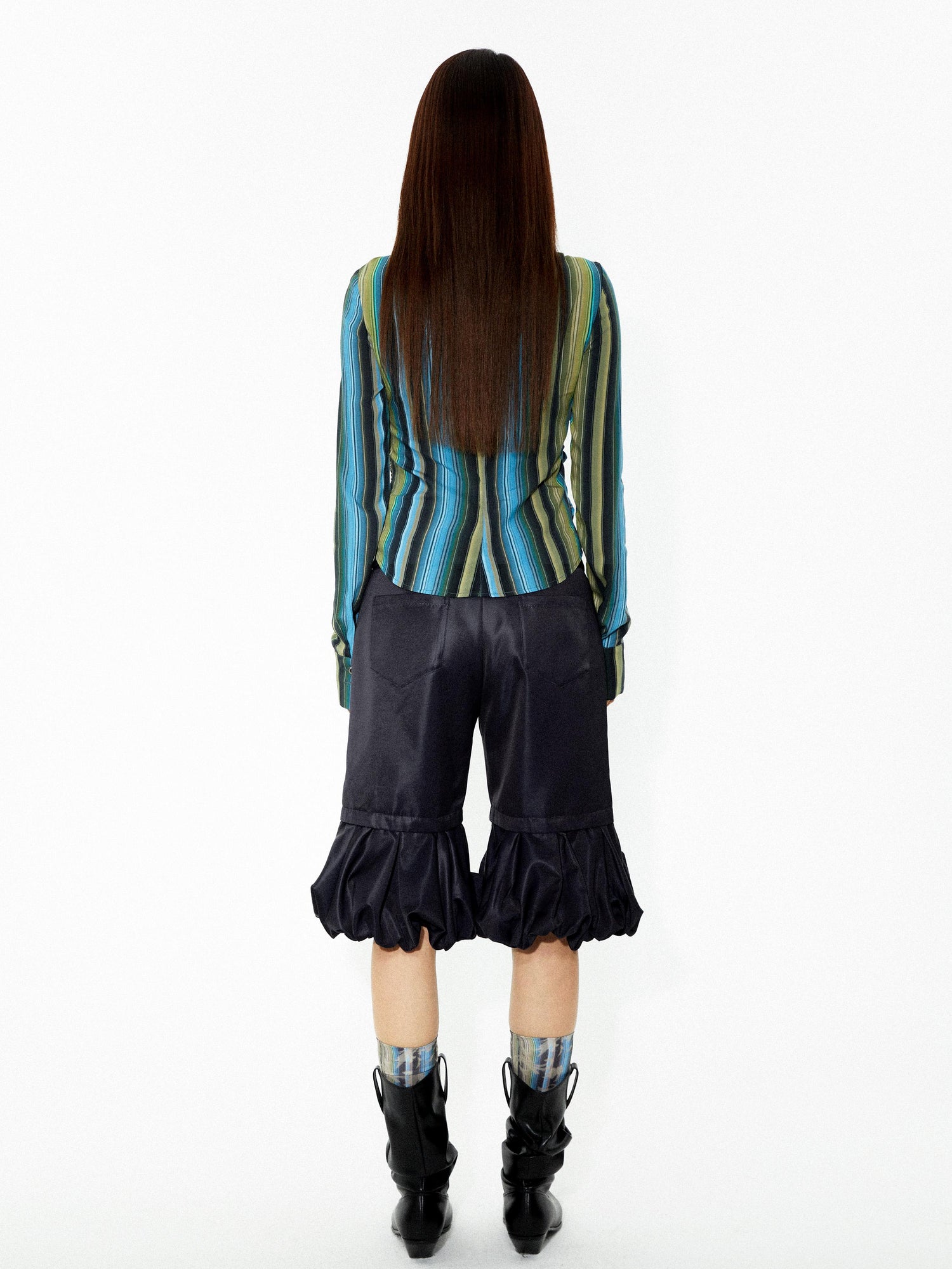 YOSHUYUKI Elastic Hem Asymmetrical Pleat Blue Green Contrast Stripe Shirt