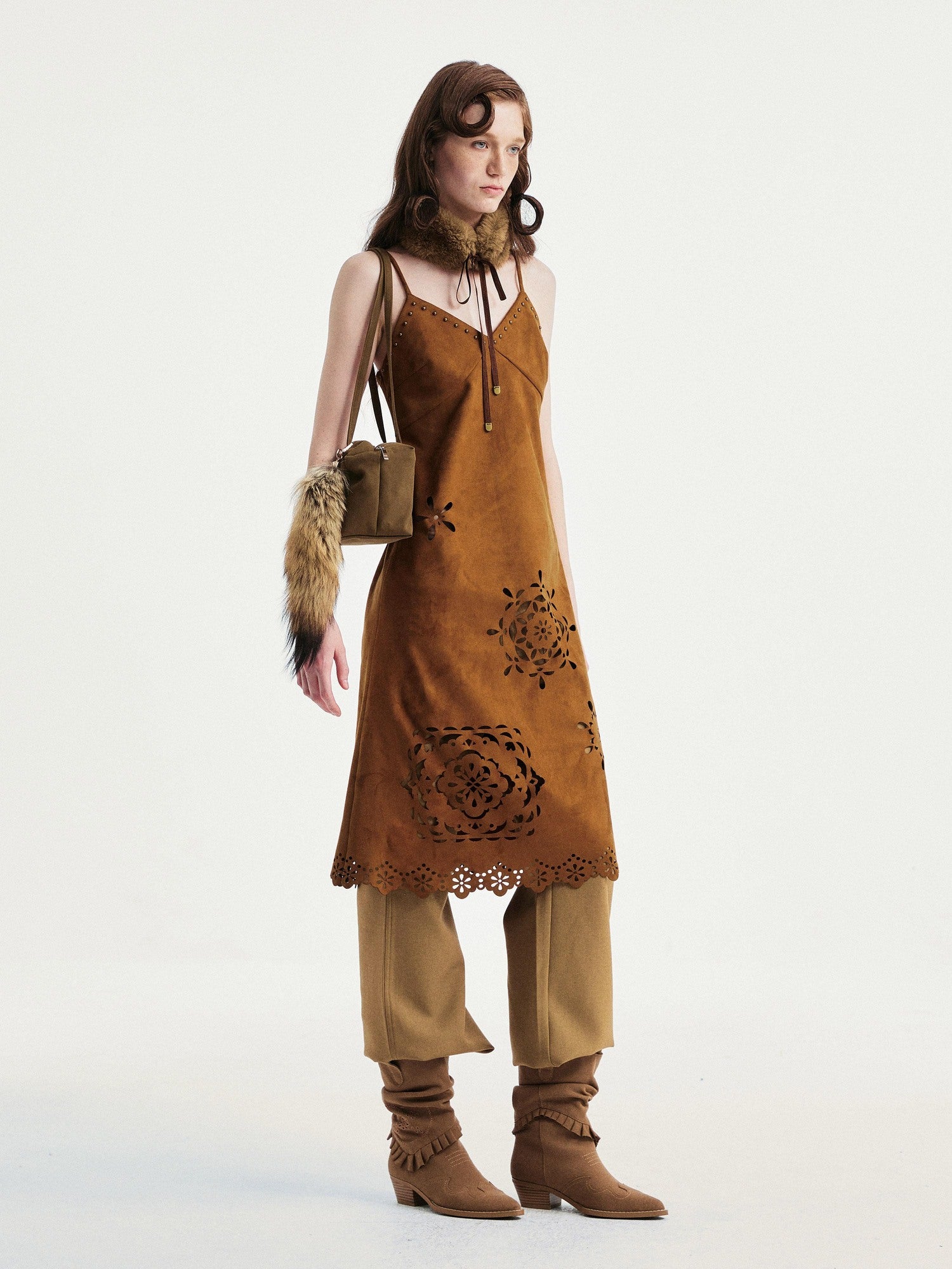 YOSHUYUKI Elegant Vintage Sleeveless Slim V-ceck Cutout A Line Chestnut Midi Dresses