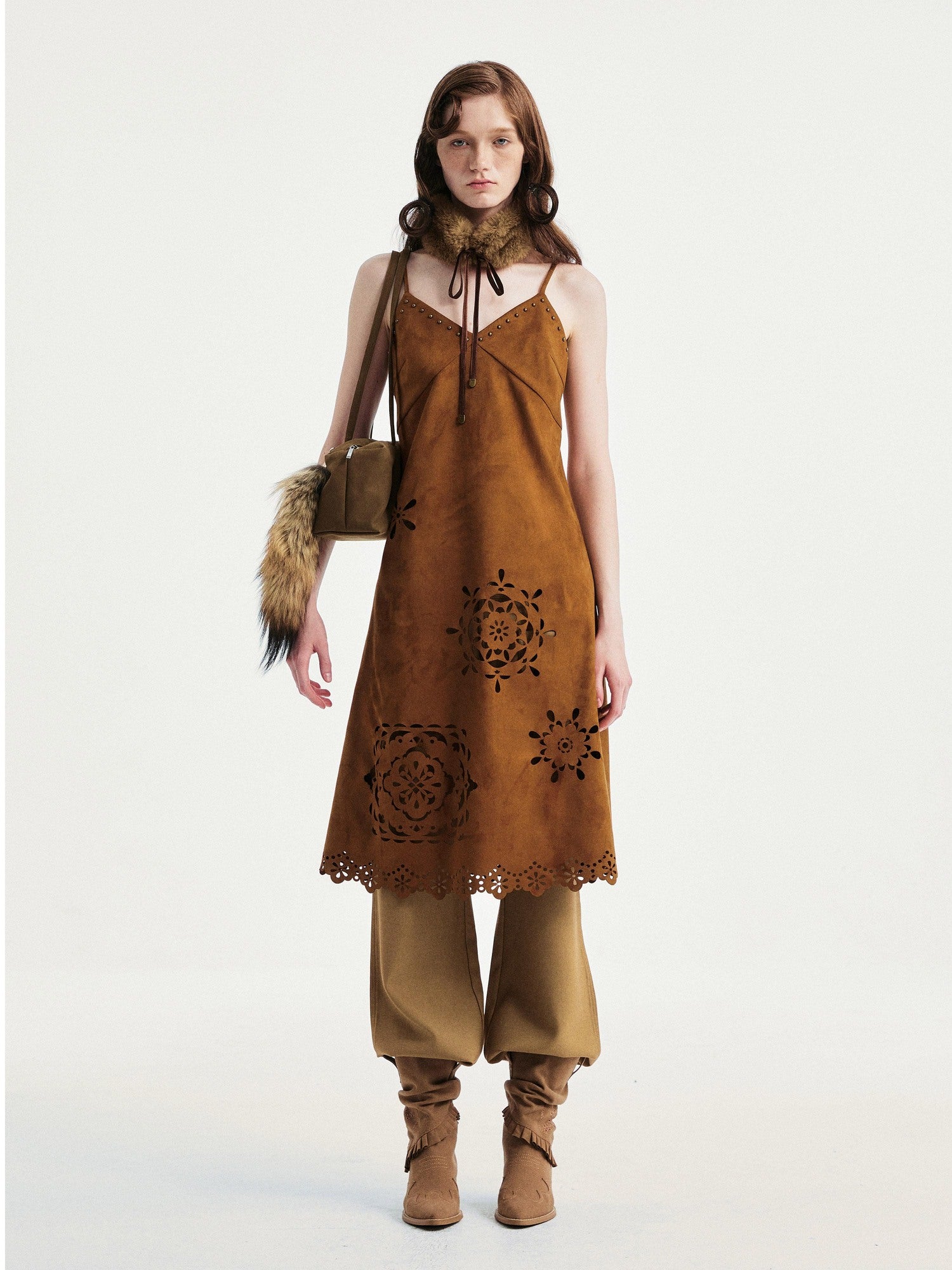 YOSHUYUKI Elegant Vintage Sleeveless Slim V-ceck Cutout A Line Chestnut Midi Dresses