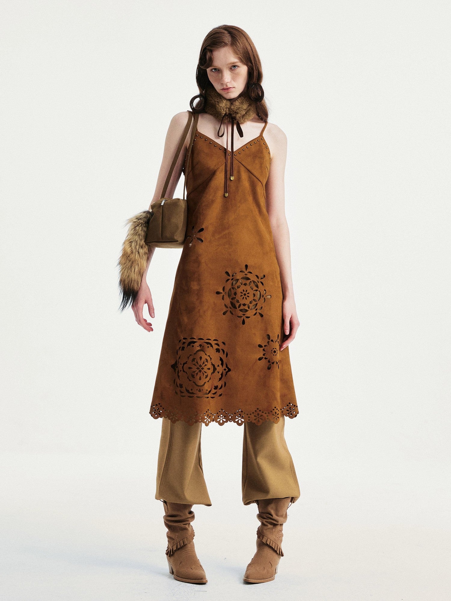 YOSHUYUKI Elegant Vintage Sleeveless Slim V-ceck Cutout A Line Chestnut Midi Dresses