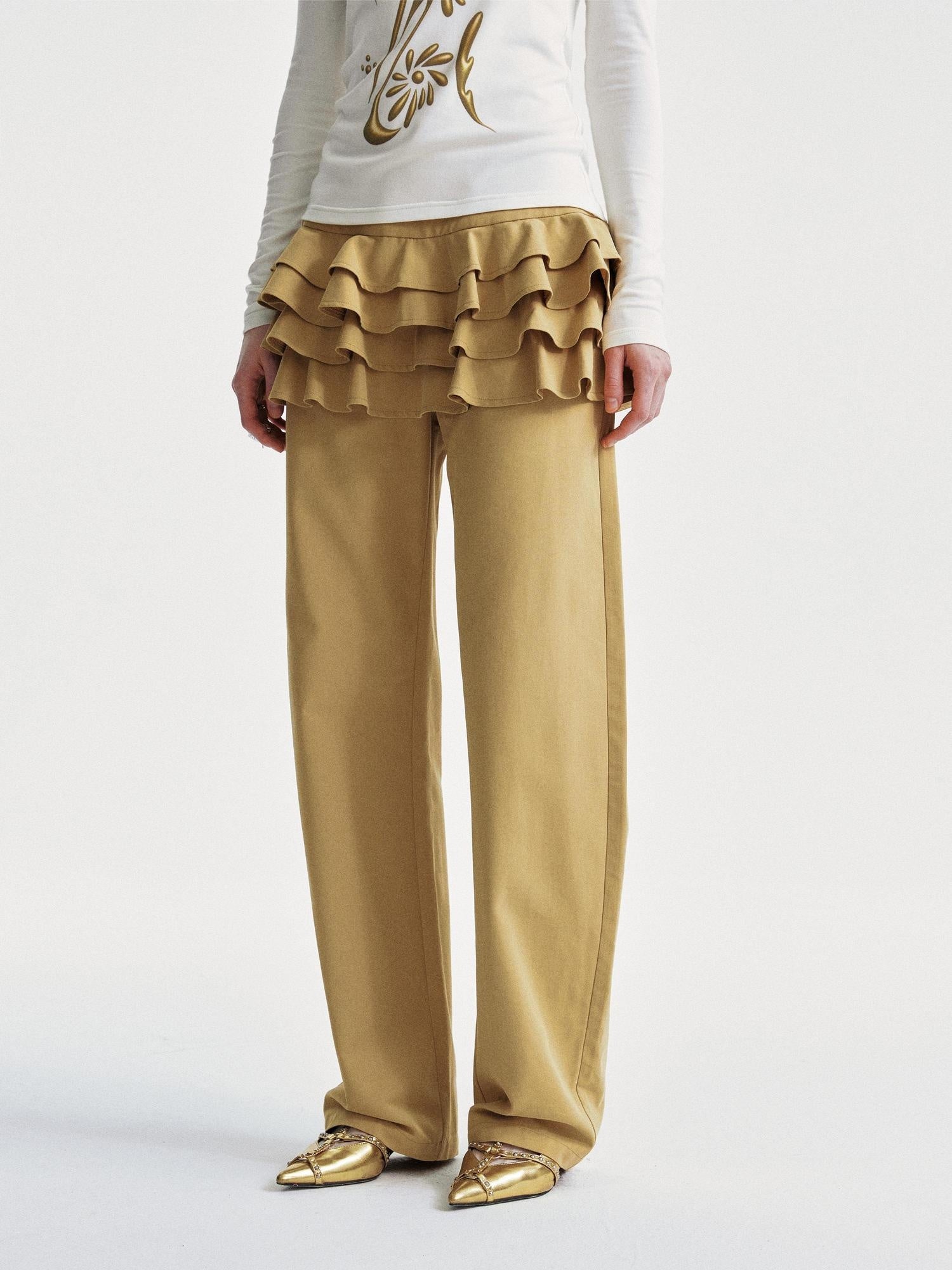 YOSHUYUKI Faux Two Piece Office Relaxed Straight Natural Waist Khaki Poly Cotton Pants