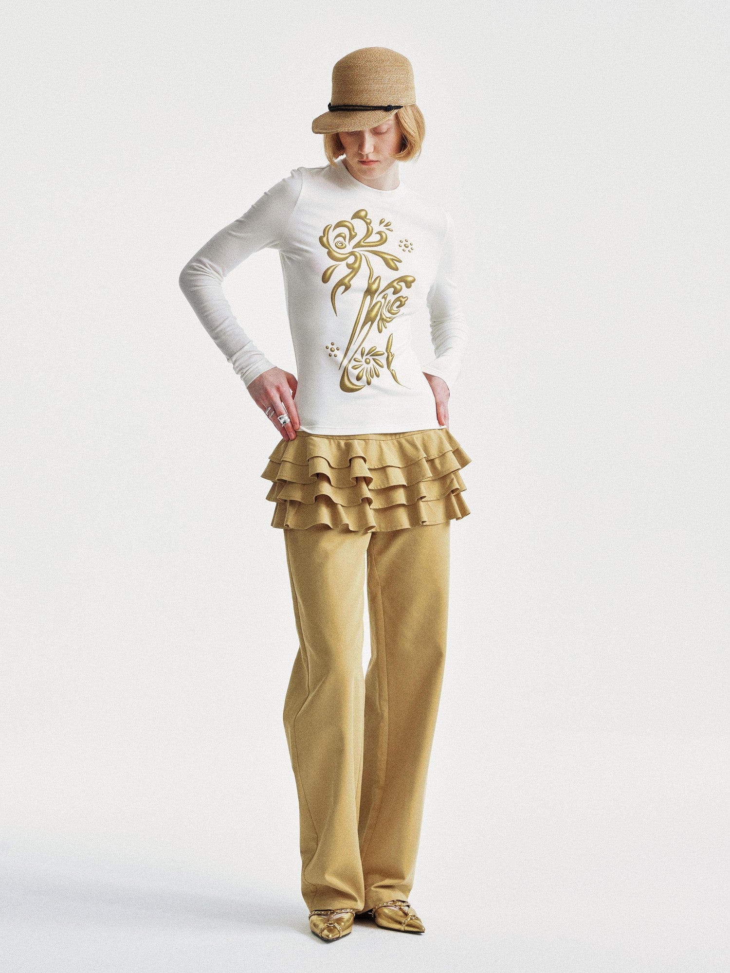 YOSHUYUKI Faux Two Piece Office Relaxed Straight Natural Waist Khaki Poly Cotton Pants