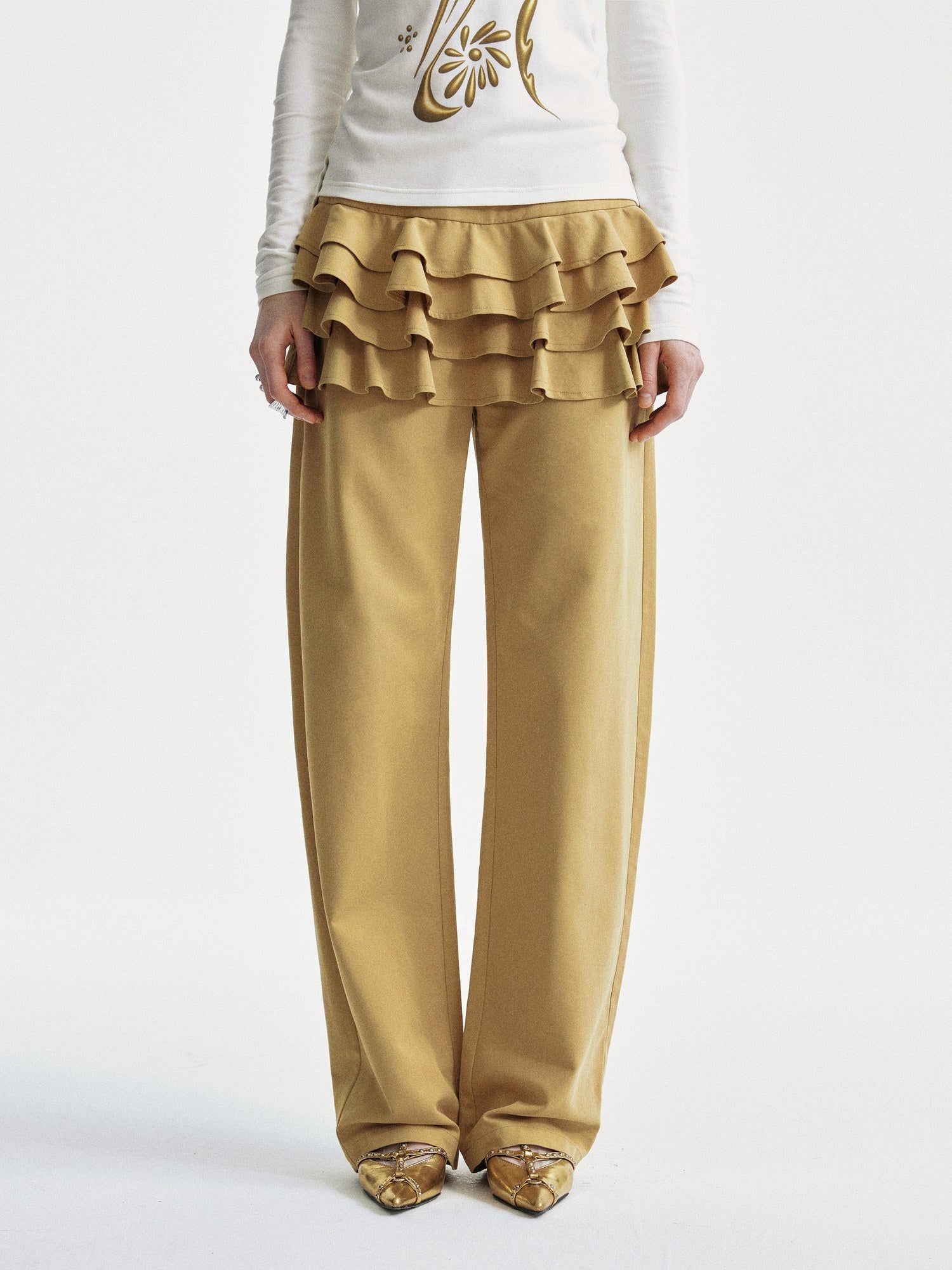 YOSHUYUKI Faux Two Piece Office Relaxed Straight Natural Waist Khaki Poly Cotton Pants