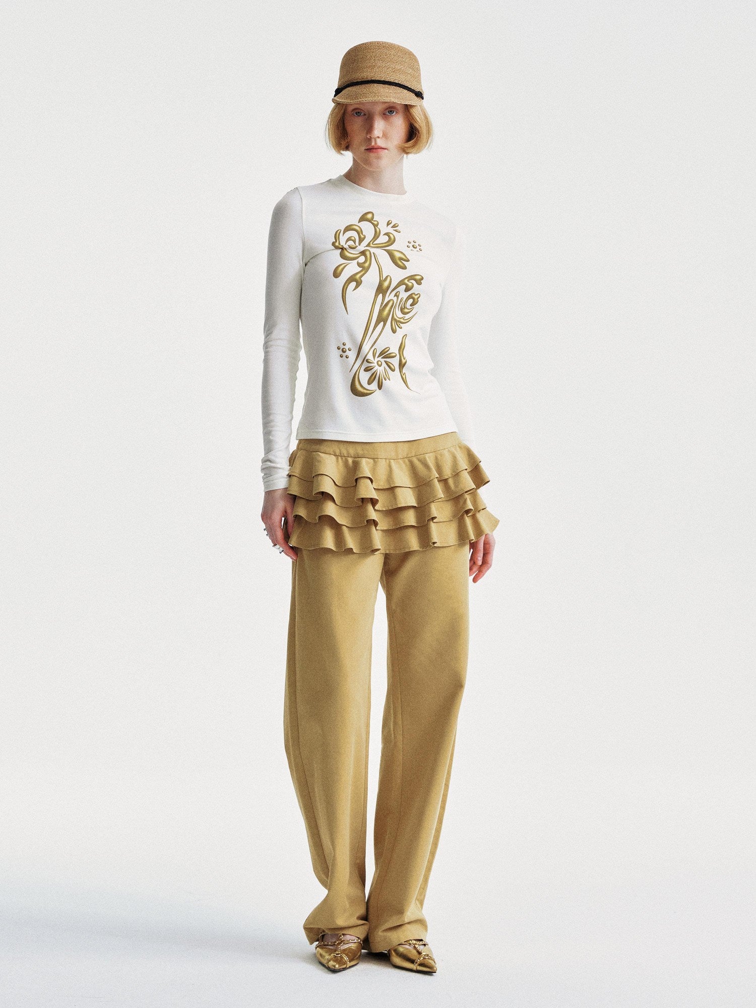 YOSHUYUKI Faux Two Piece Office Relaxed Straight Natural Waist Khaki Poly Cotton Pants