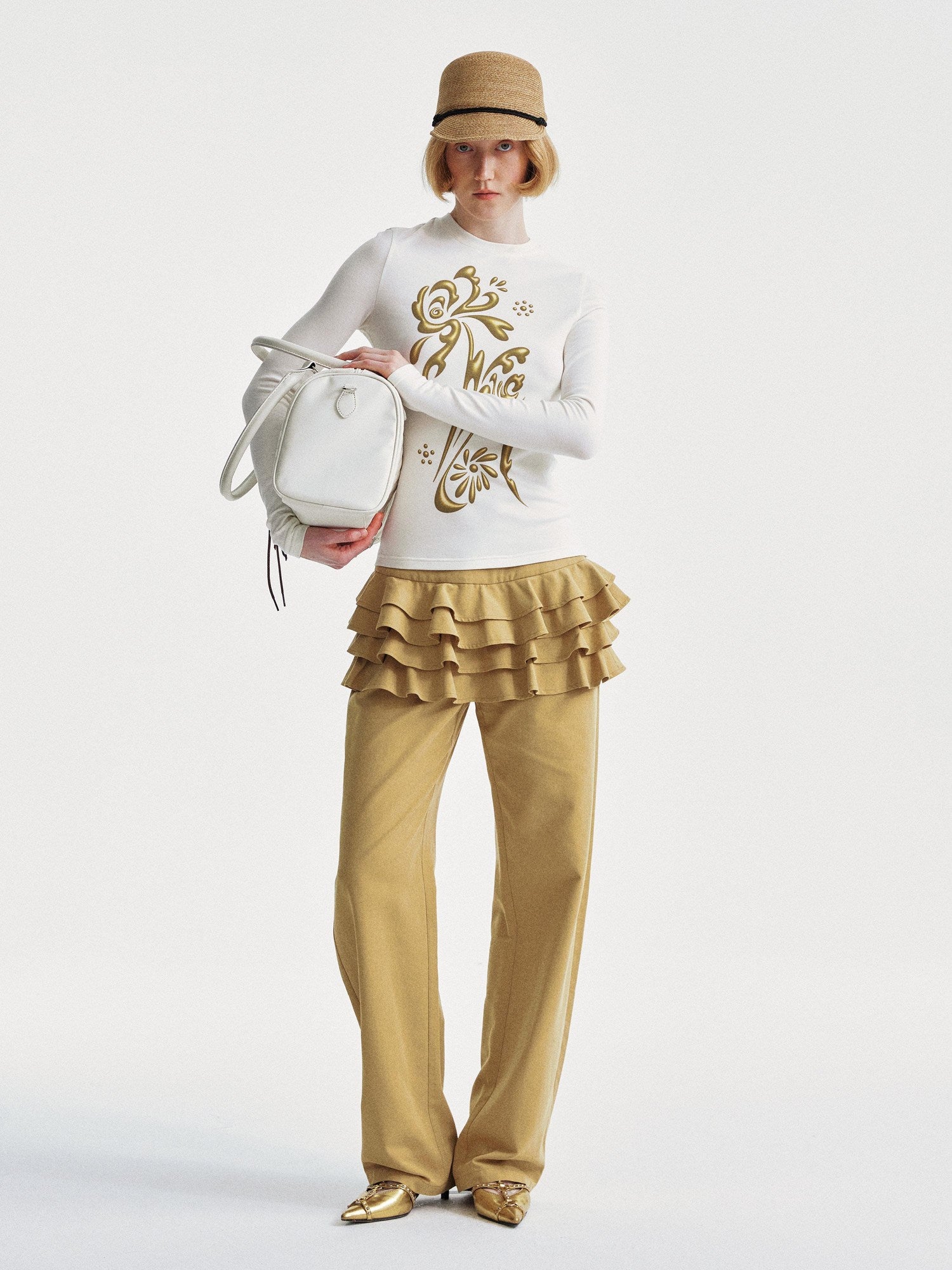 YOSHUYUKI Faux Two Piece Office Relaxed Straight Natural Waist Khaki Poly Cotton Pants