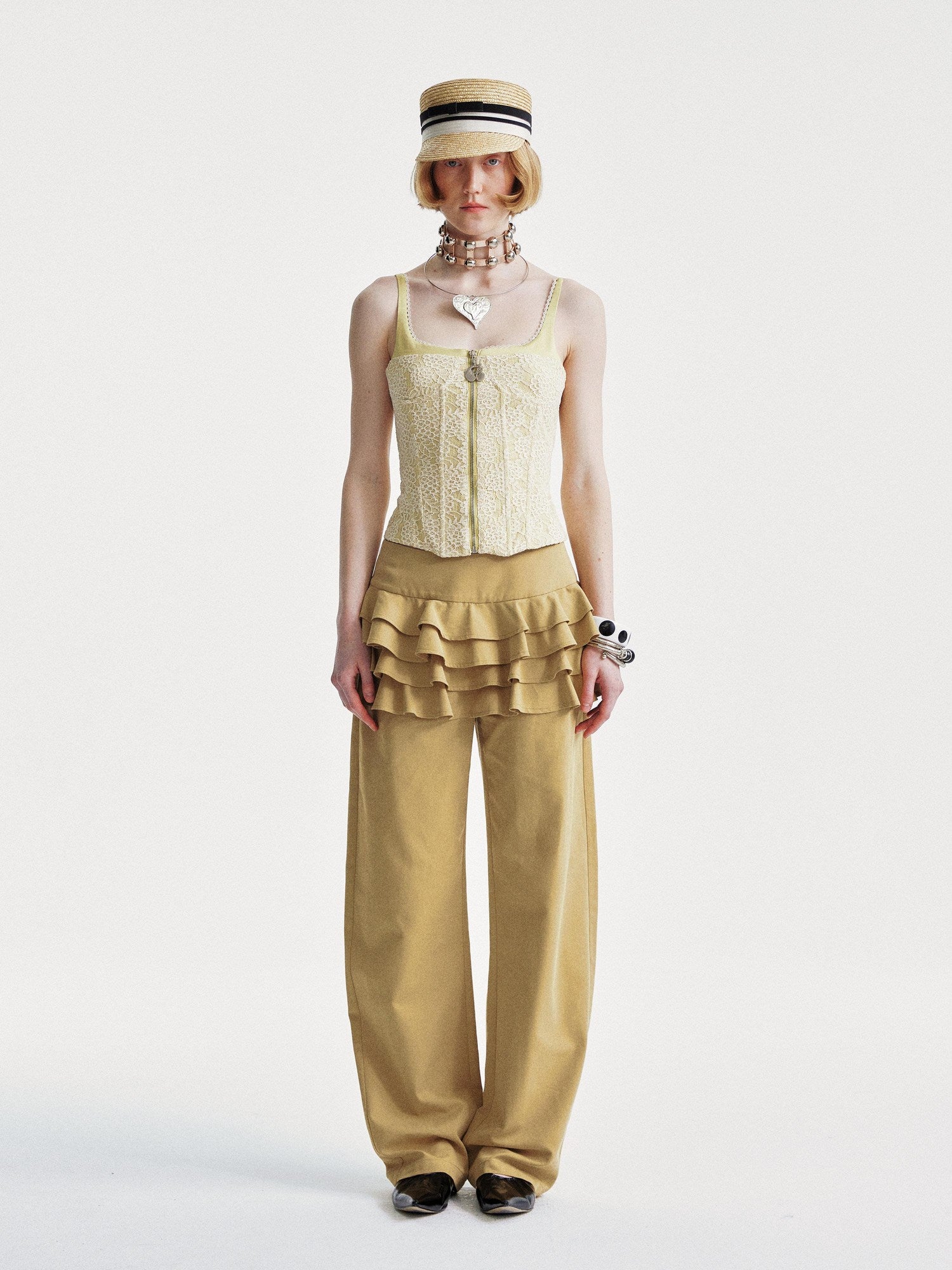 YOSHUYUKI Faux Two Piece Office Relaxed Straight Natural Waist Khaki Poly Cotton Pants