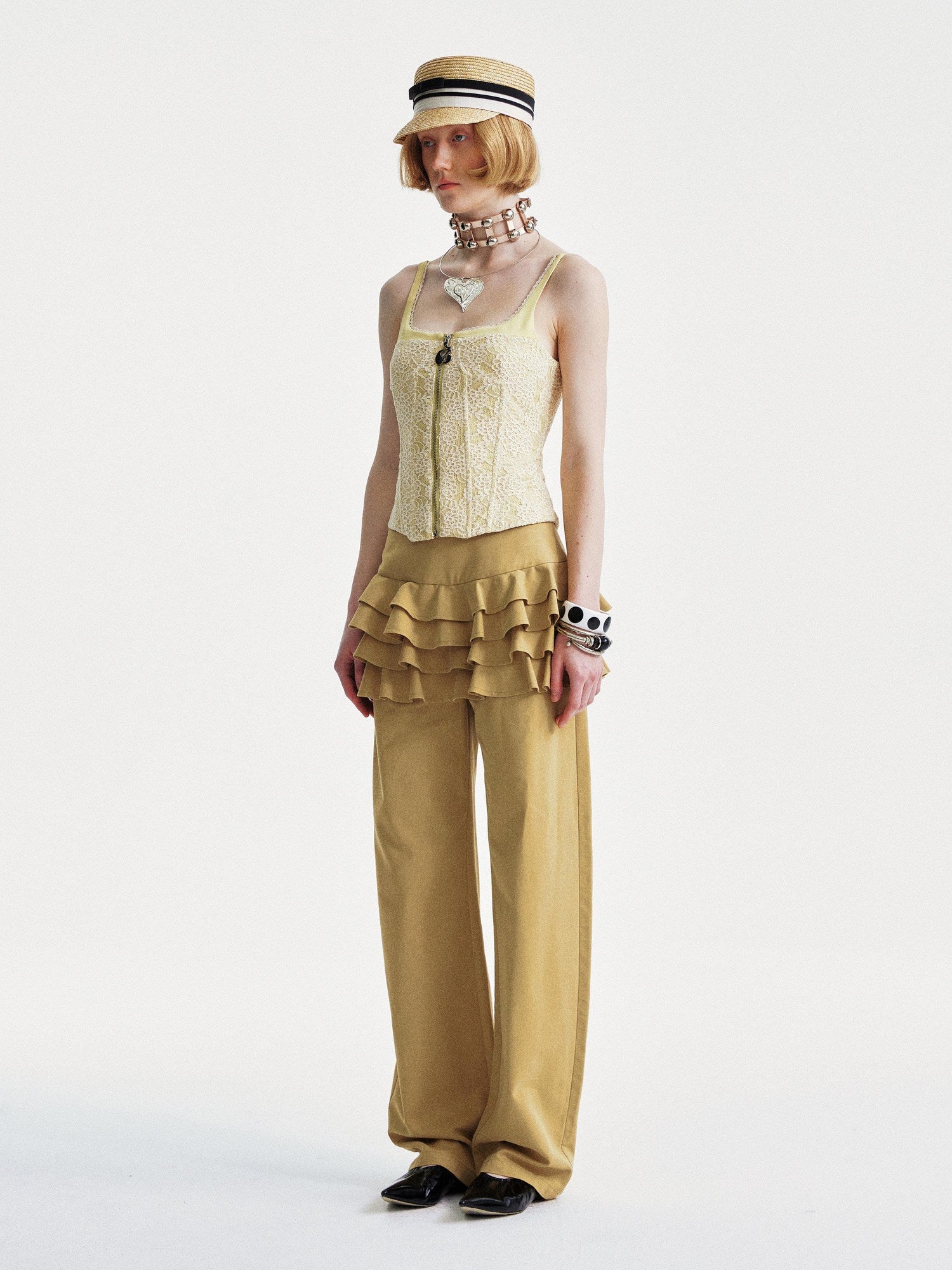 YOSHUYUKI Faux Two Piece Office Relaxed Straight Natural Waist Khaki Poly Cotton Pants