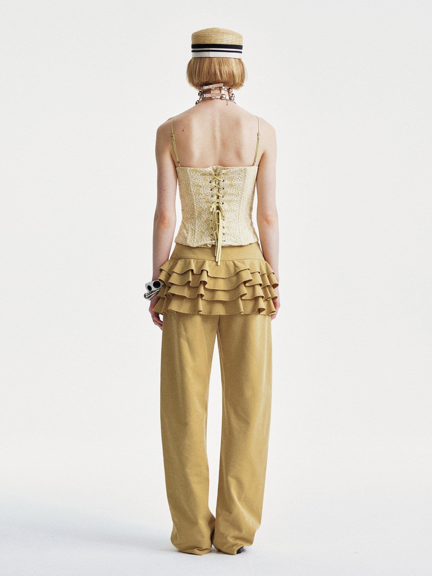 YOSHUYUKI Faux Two Piece Office Relaxed Straight Natural Waist Khaki Poly Cotton Pants