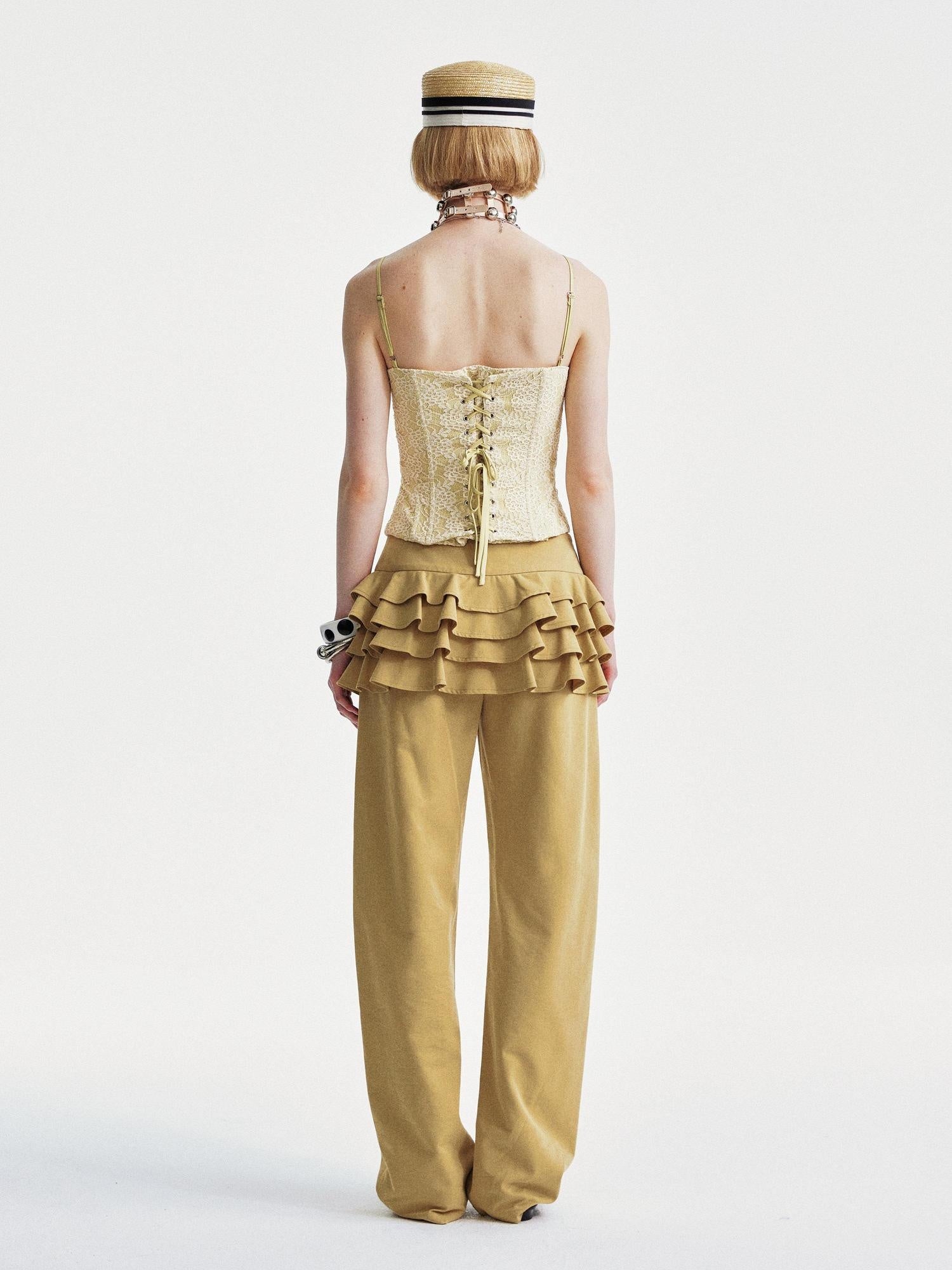 YOSHUYUKI Faux Two Piece Office Relaxed Straight Natural Waist Khaki Poly Cotton Pants