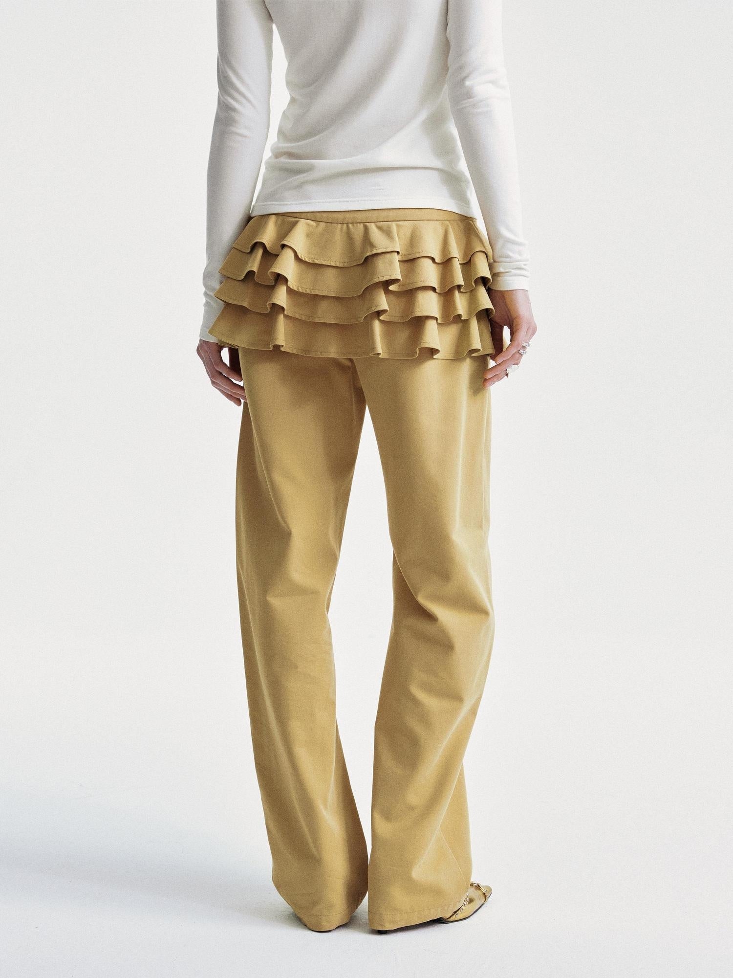 YOSHUYUKI Faux Two Piece Office Relaxed Straight Natural Waist Khaki Poly Cotton Pants