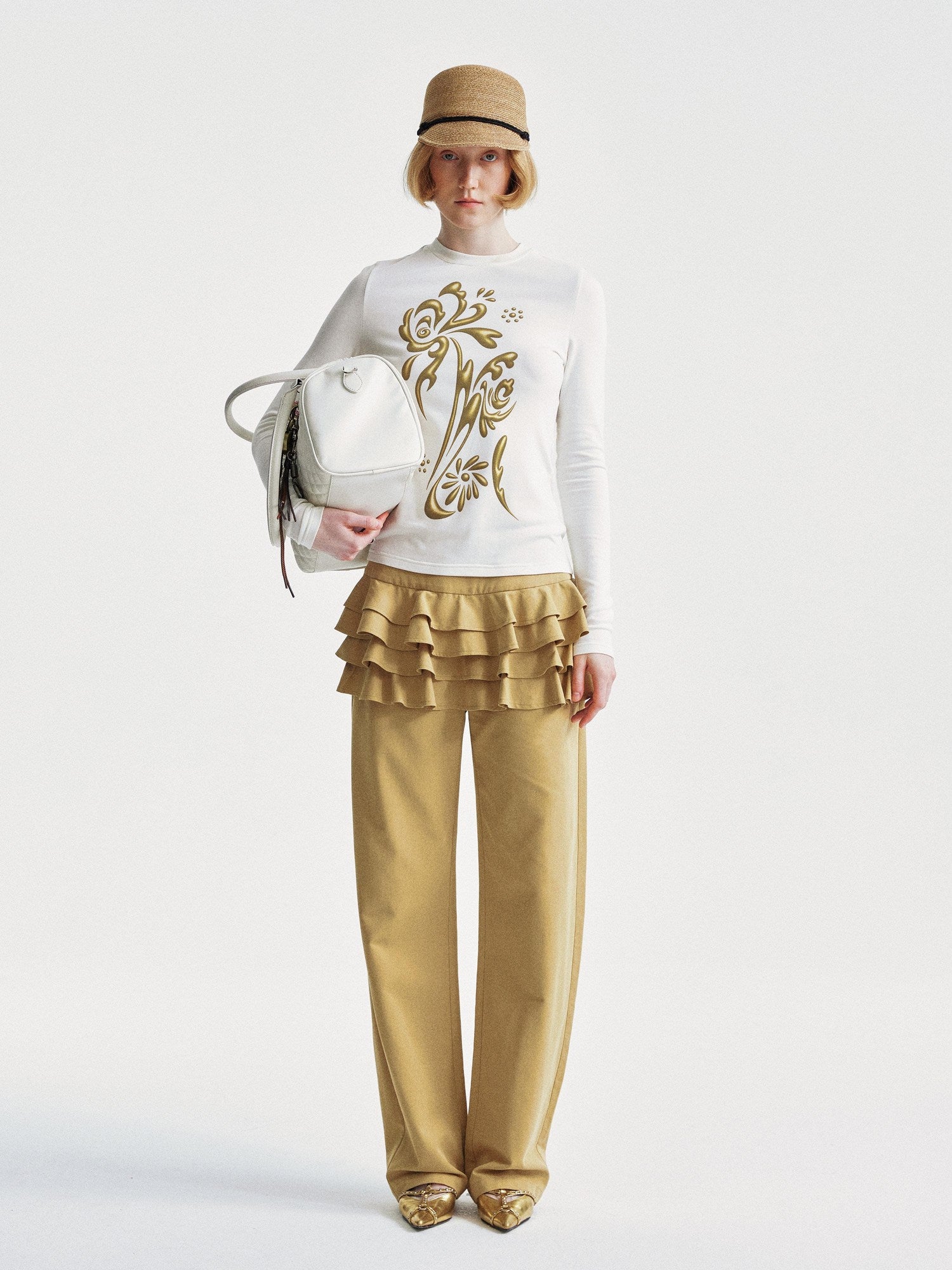 YOSHUYUKI Faux Two Piece Office Relaxed Straight Natural Waist Khaki Poly Cotton Pants