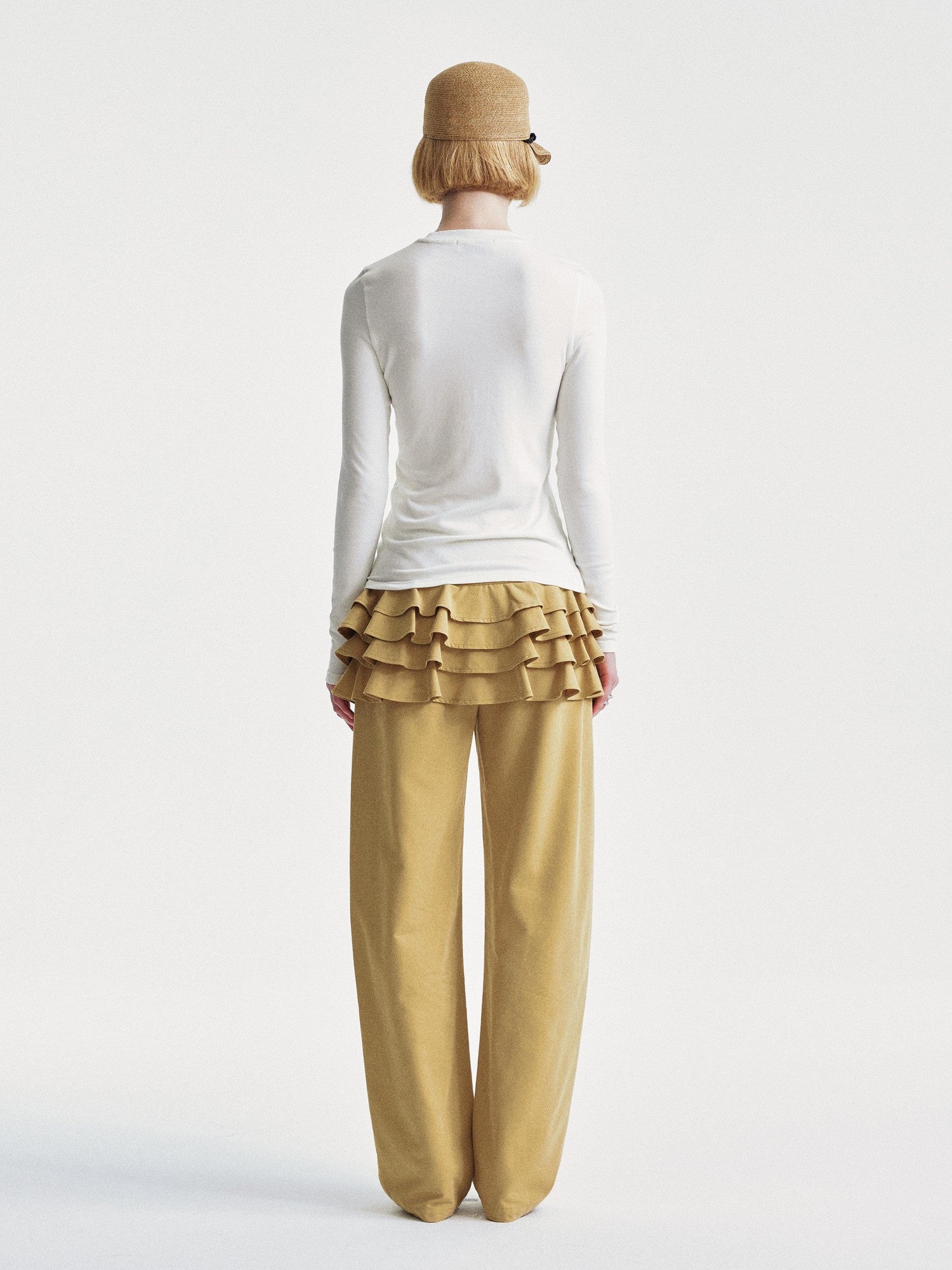 YOSHUYUKI Faux Two Piece Office Relaxed Straight Natural Waist Khaki Poly Cotton Pants