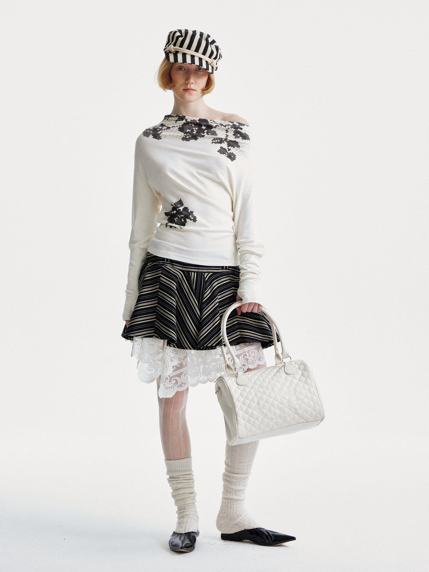 YOSHUYUKI Flattering Mid Waist Striped Retro Pleated Loose Fit Casual Mini Skirt