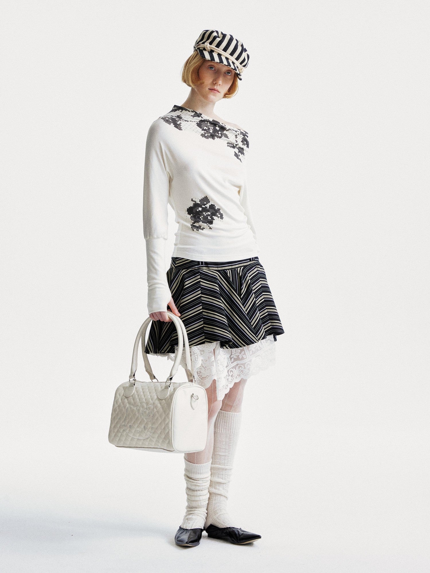 YOSHUYUKI Flattering Mid Waist Striped Retro Pleated Loose Fit Casual Mini Skirt