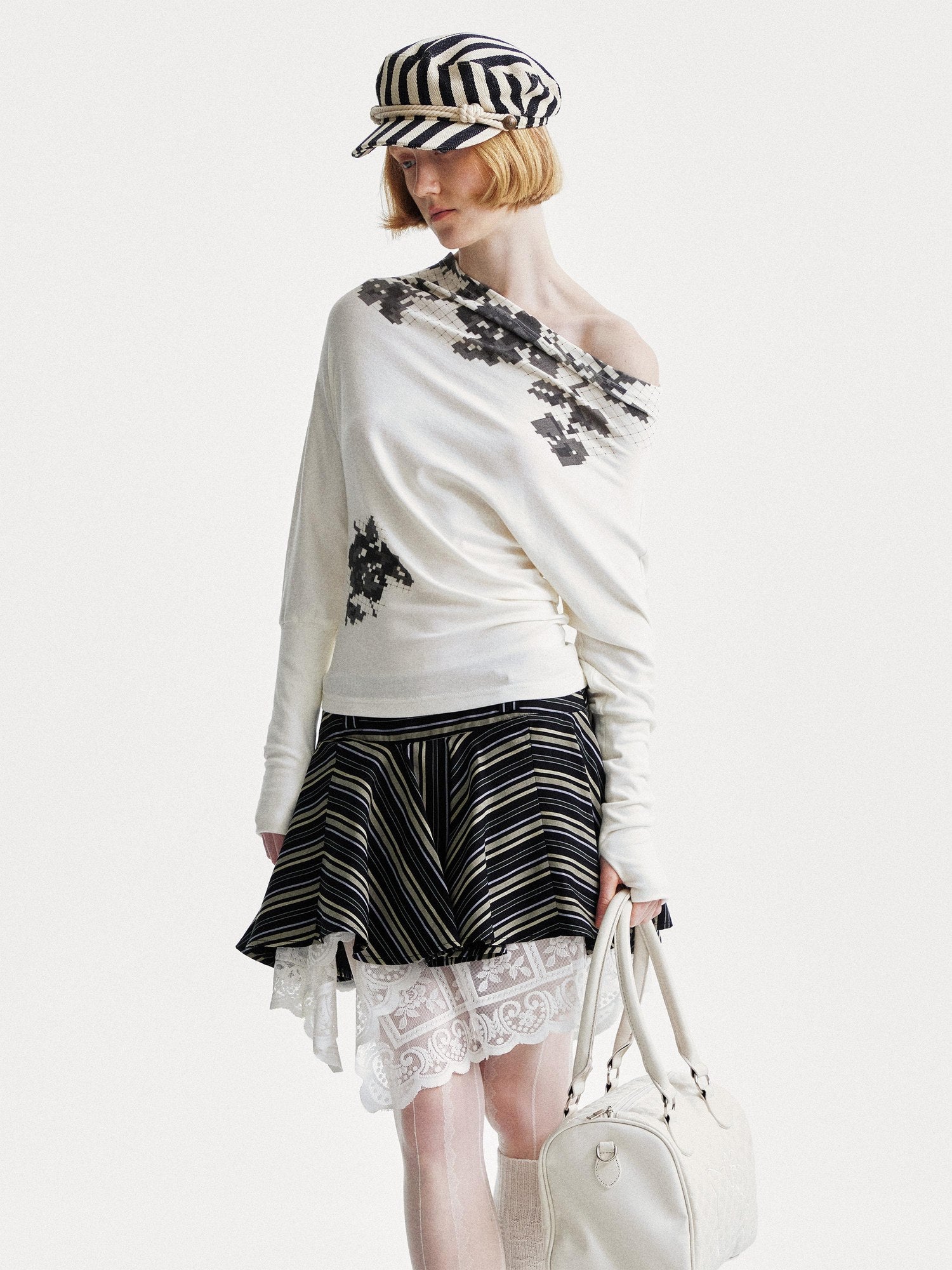 YOSHUYUKI Flattering Mid Waist Striped Retro Pleated Loose Fit Casual Mini Skirt