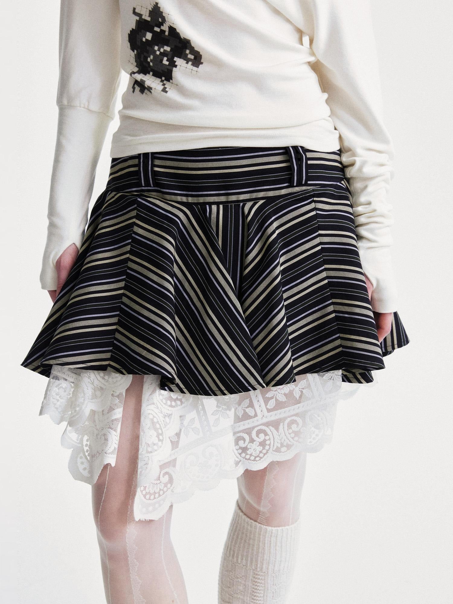 YOSHUYUKI Flattering Mid Waist Striped Retro Pleated Loose Fit Casual Mini Skirt