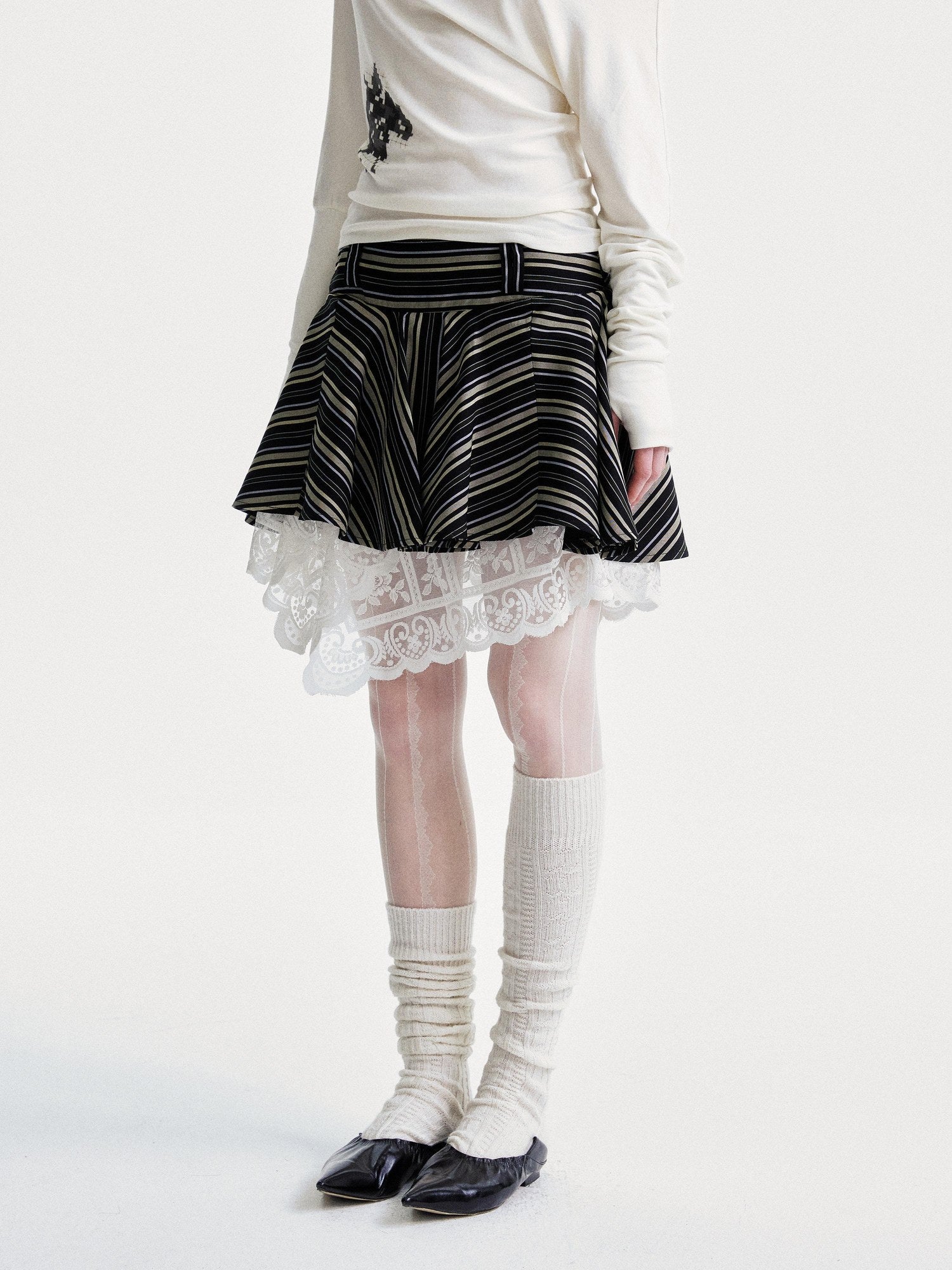 YOSHUYUKI Flattering Mid Waist Striped Retro Pleated Loose Fit Casual Mini Skirt