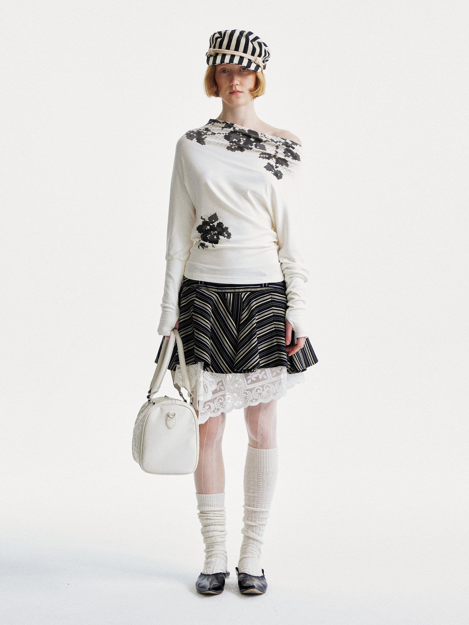 YOSHUYUKI Flattering Mid Waist Striped Retro Pleated Loose Fit Casual Mini Skirt