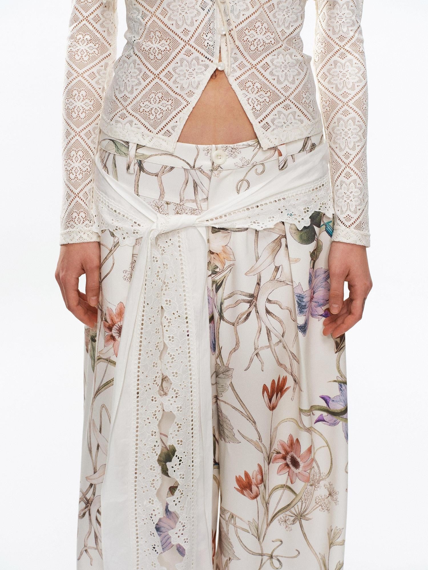YOSHUYUKI Floral Print Lace Trim Tie Detail Women&