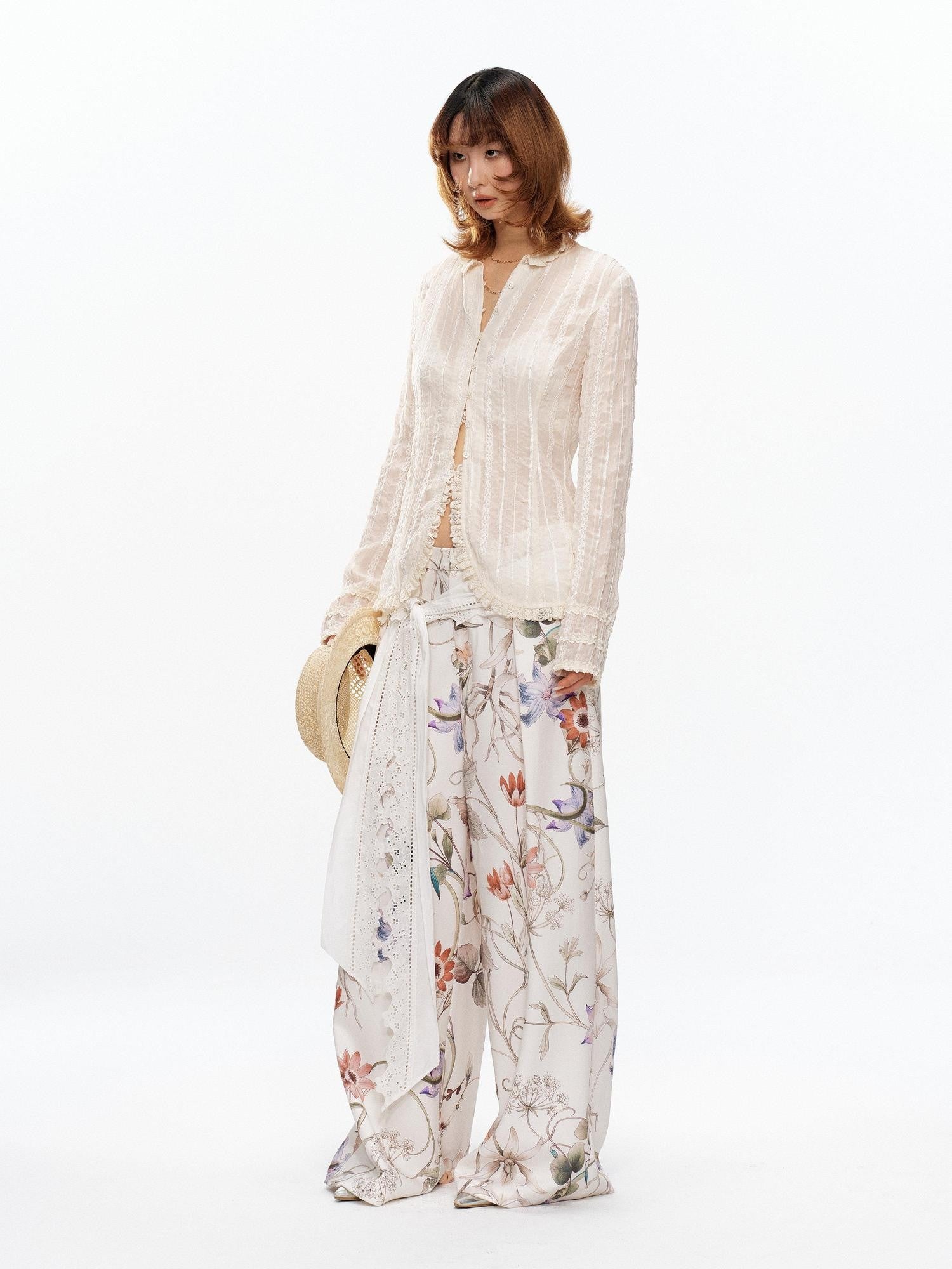 YOSHUYUKI Floral Print Lace Trim Tie Detail Women&