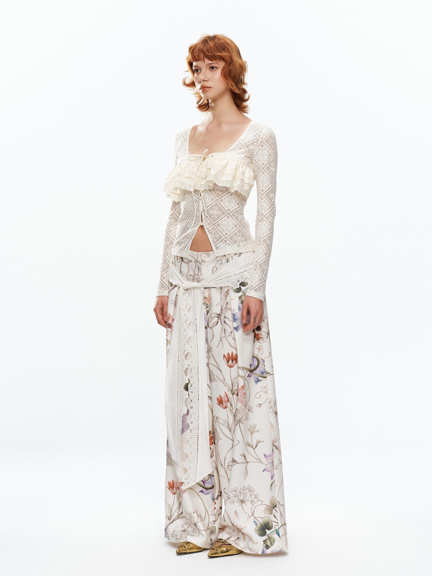 YOSHUYUKI Floral Print Lace Trim Tie Detail Women&