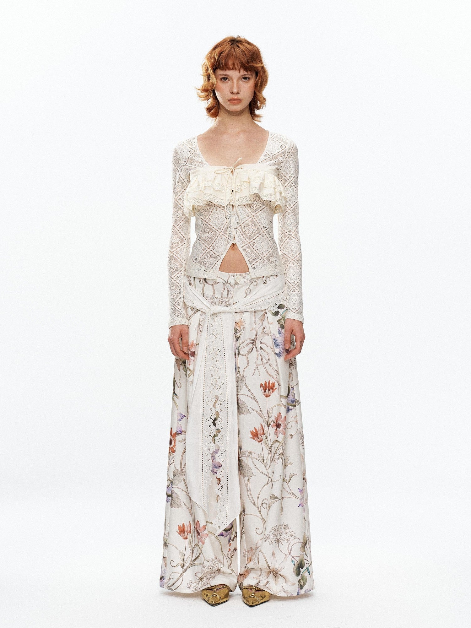 YOSHUYUKI Floral Print Lace Trim Tie Detail Women&