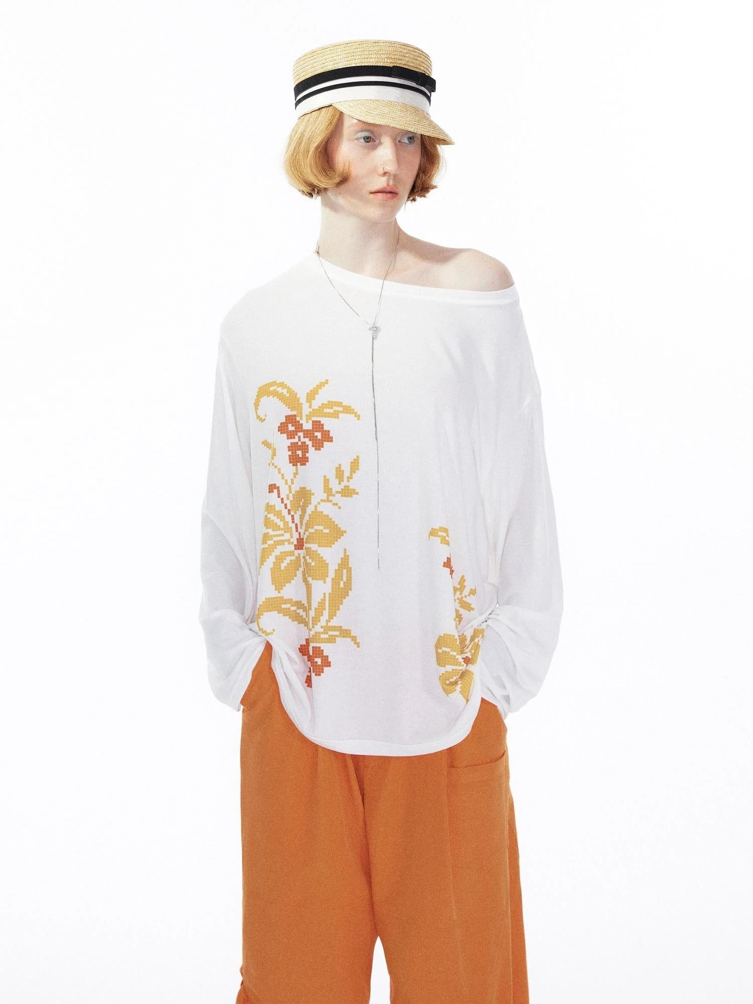 Floral Print Off Shoulder Loose Long Sleeve Top
