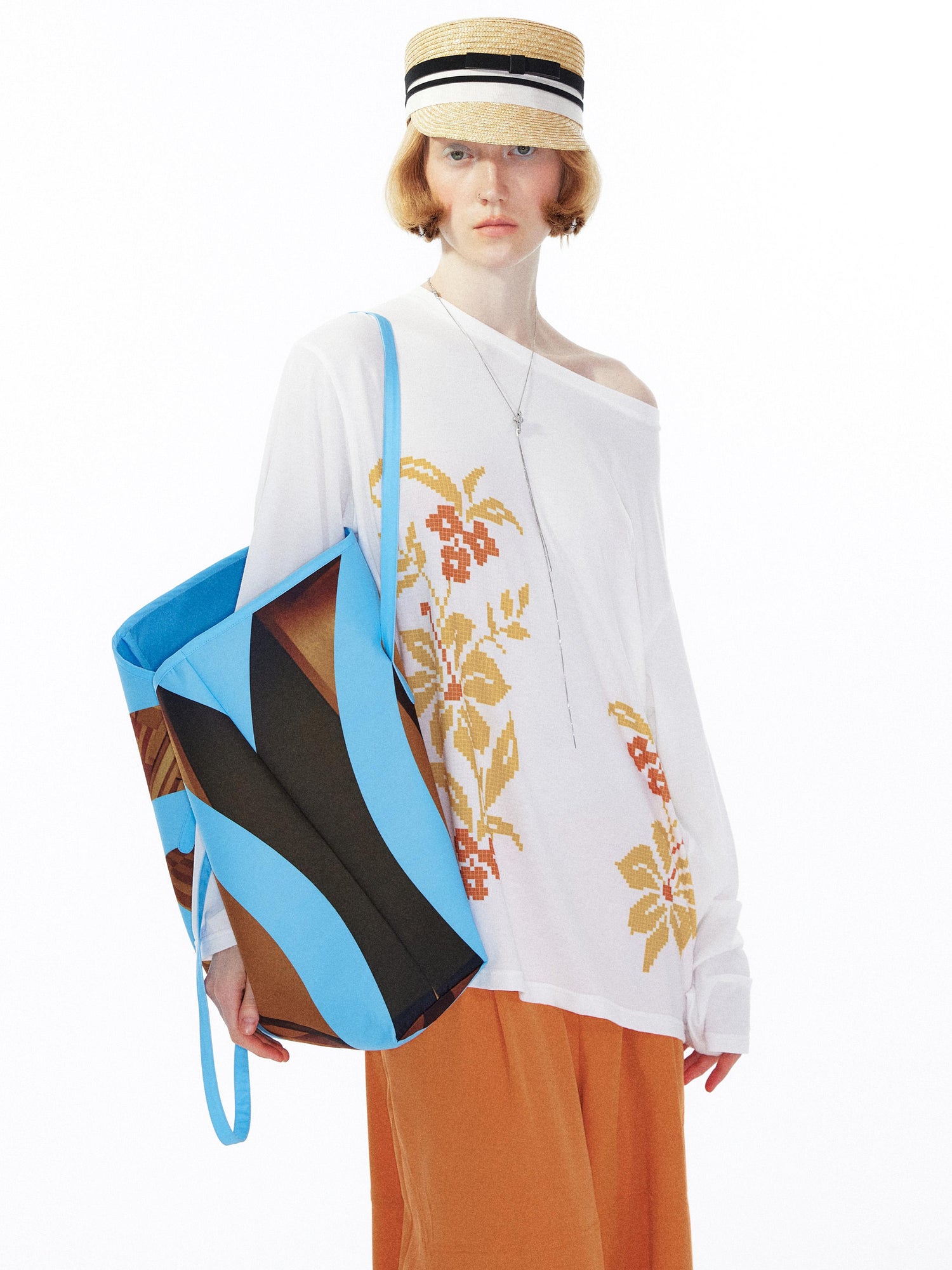 YOSHUYUKI Floral Print Off Shoulder Loose Long Sleeve Top