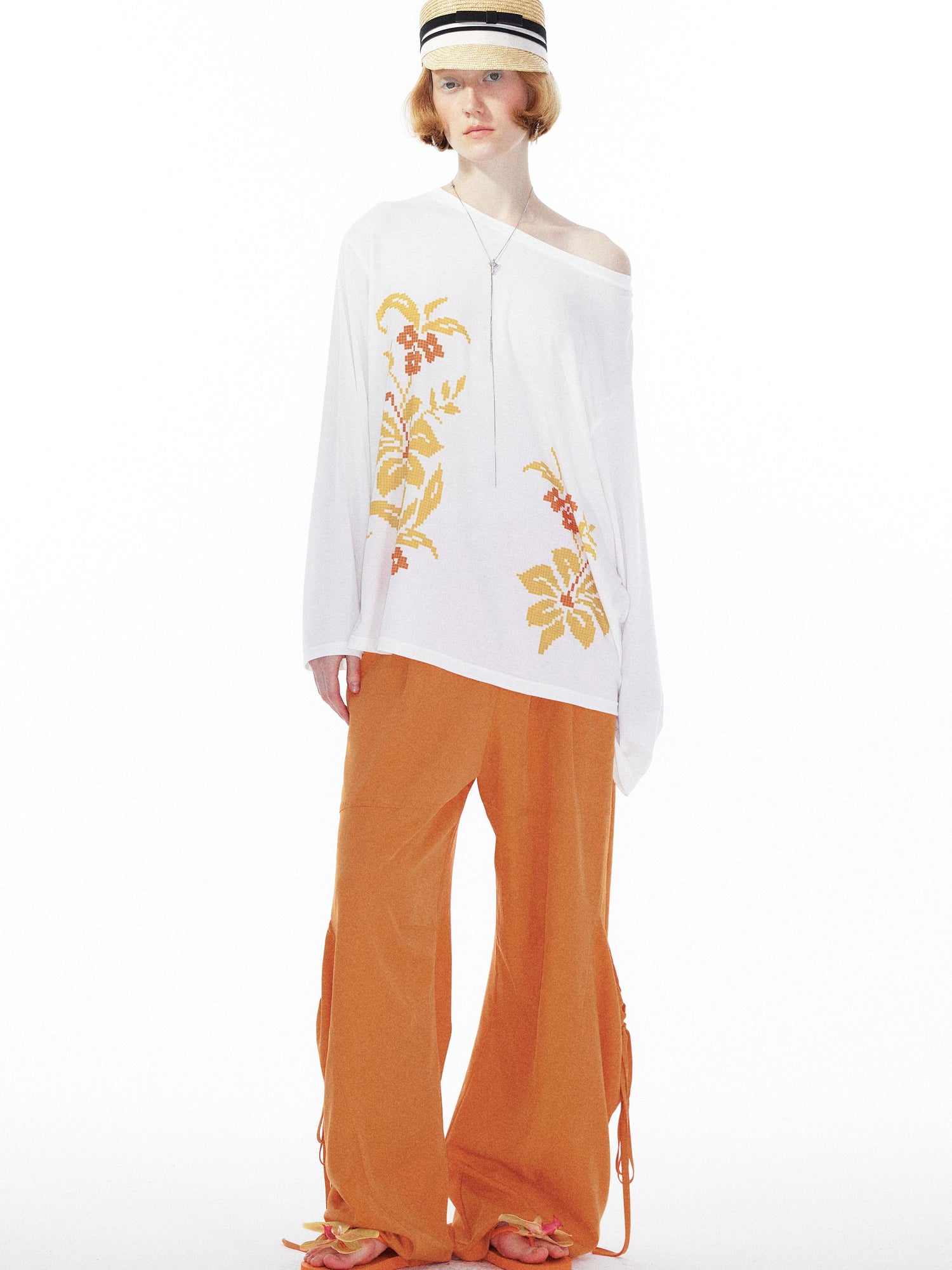 YOSHUYUKI Floral Print Off Shoulder Loose Long Sleeve Top