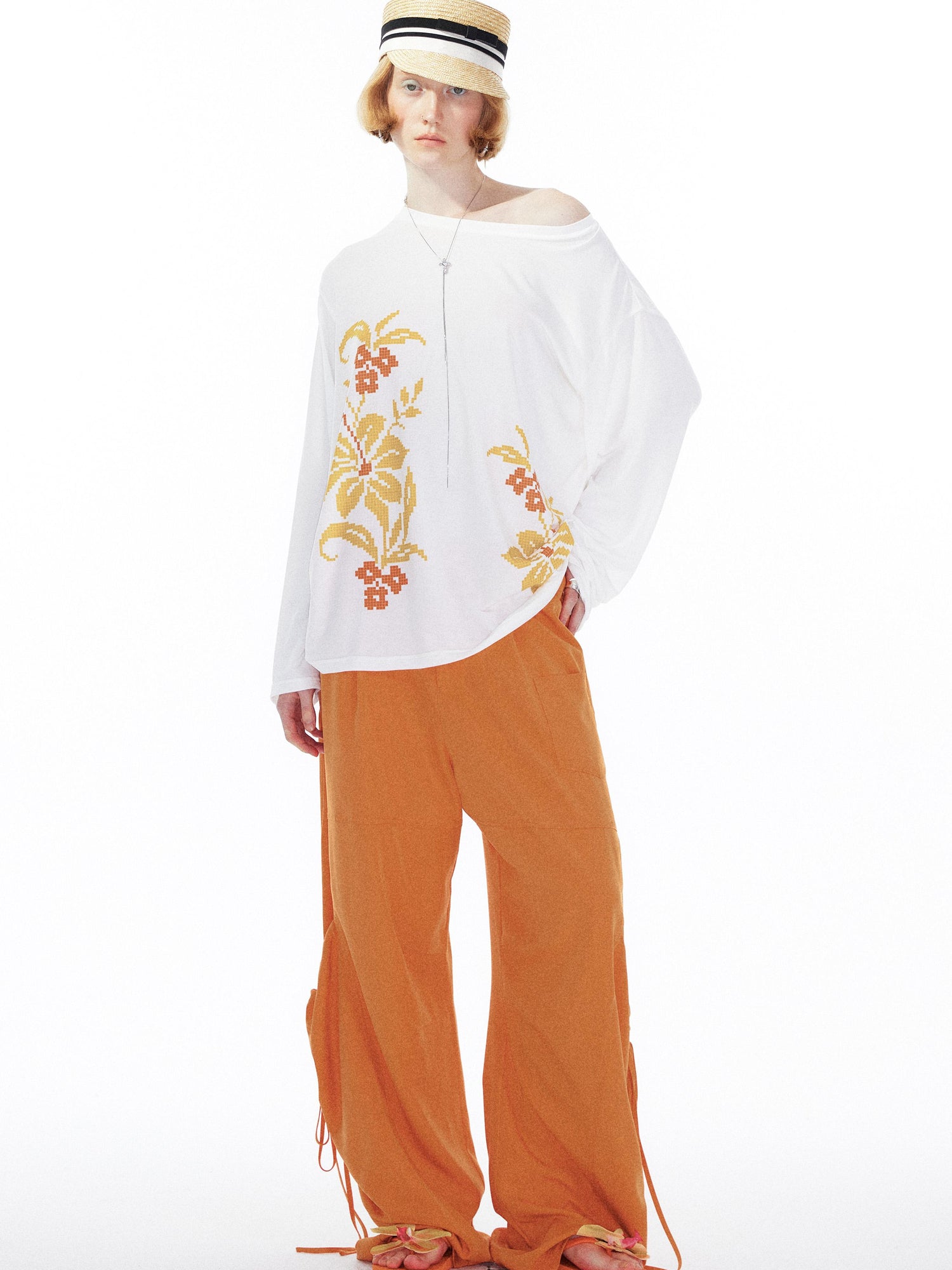 YOSHUYUKI Floral Print Off Shoulder Loose Long Sleeve Top