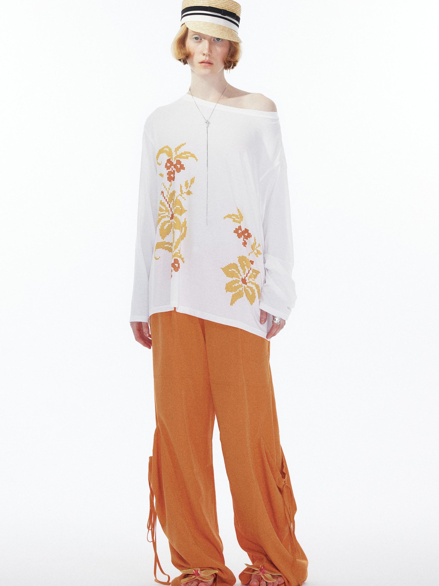 YOSHUYUKI Floral Print Off Shoulder Loose Long Sleeve Top
