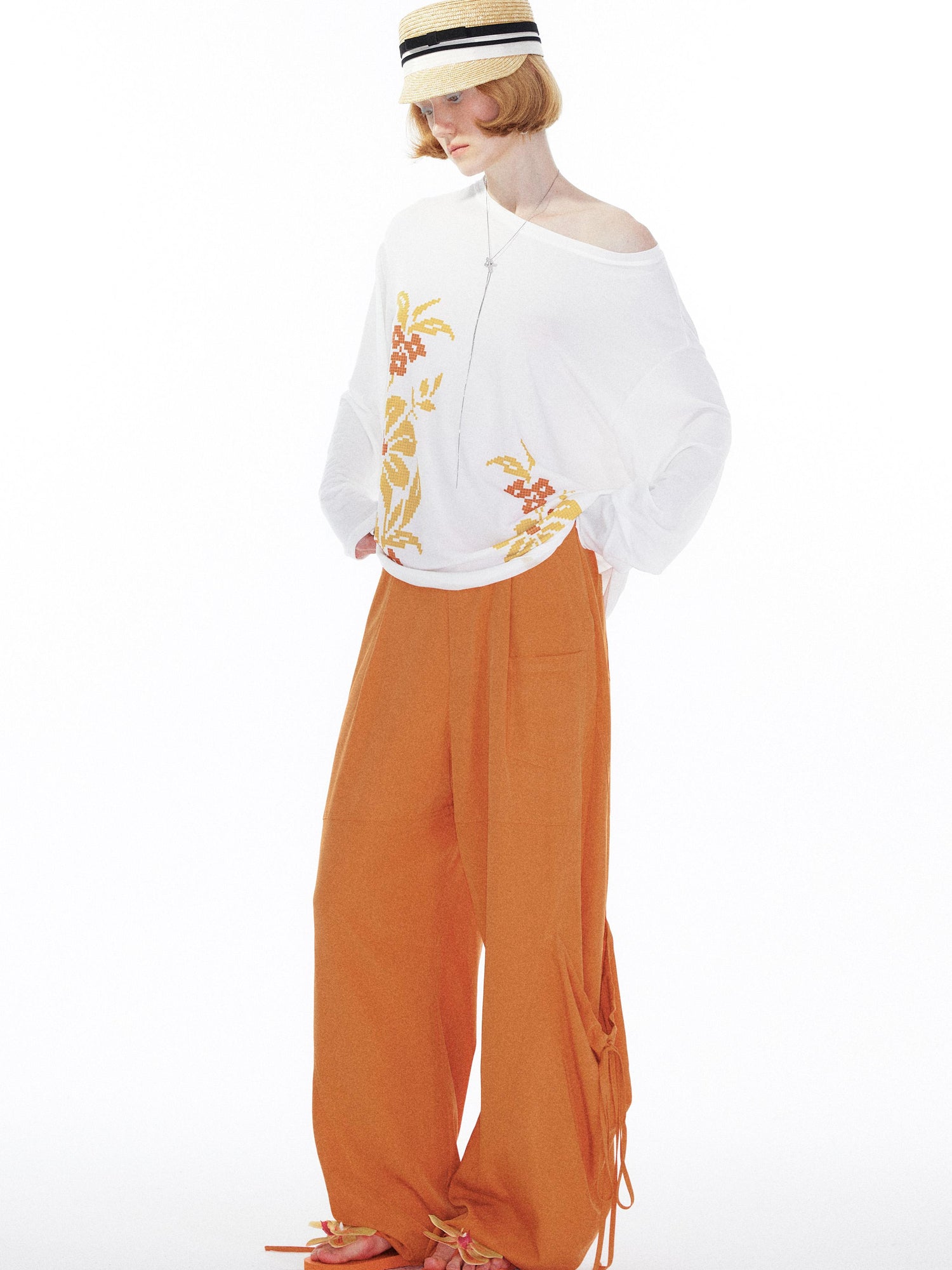 YOSHUYUKI Floral Print Off Shoulder Loose Long Sleeve Top