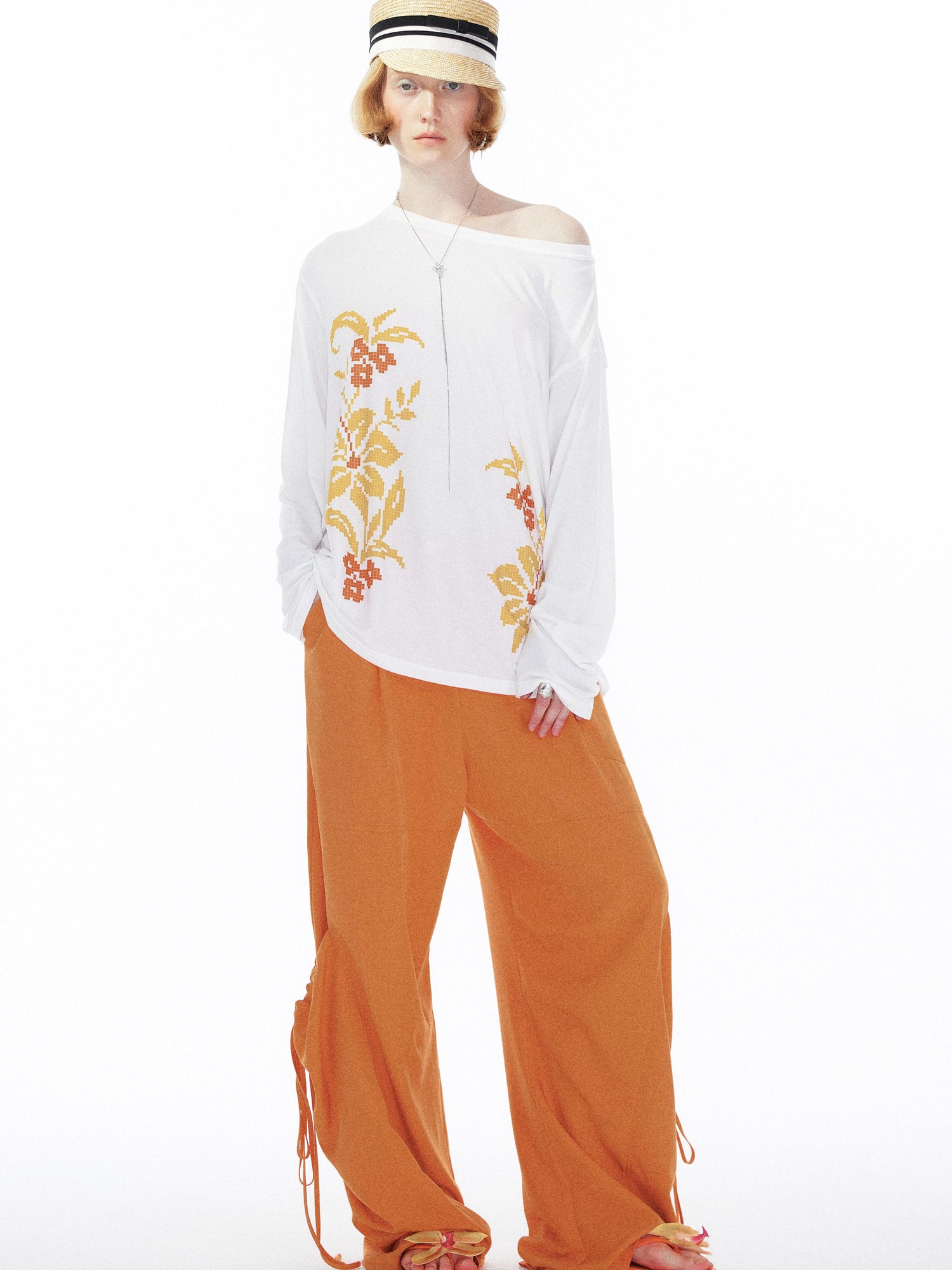 YOSHUYUKI Floral Print Off Shoulder Loose Long Sleeve Top