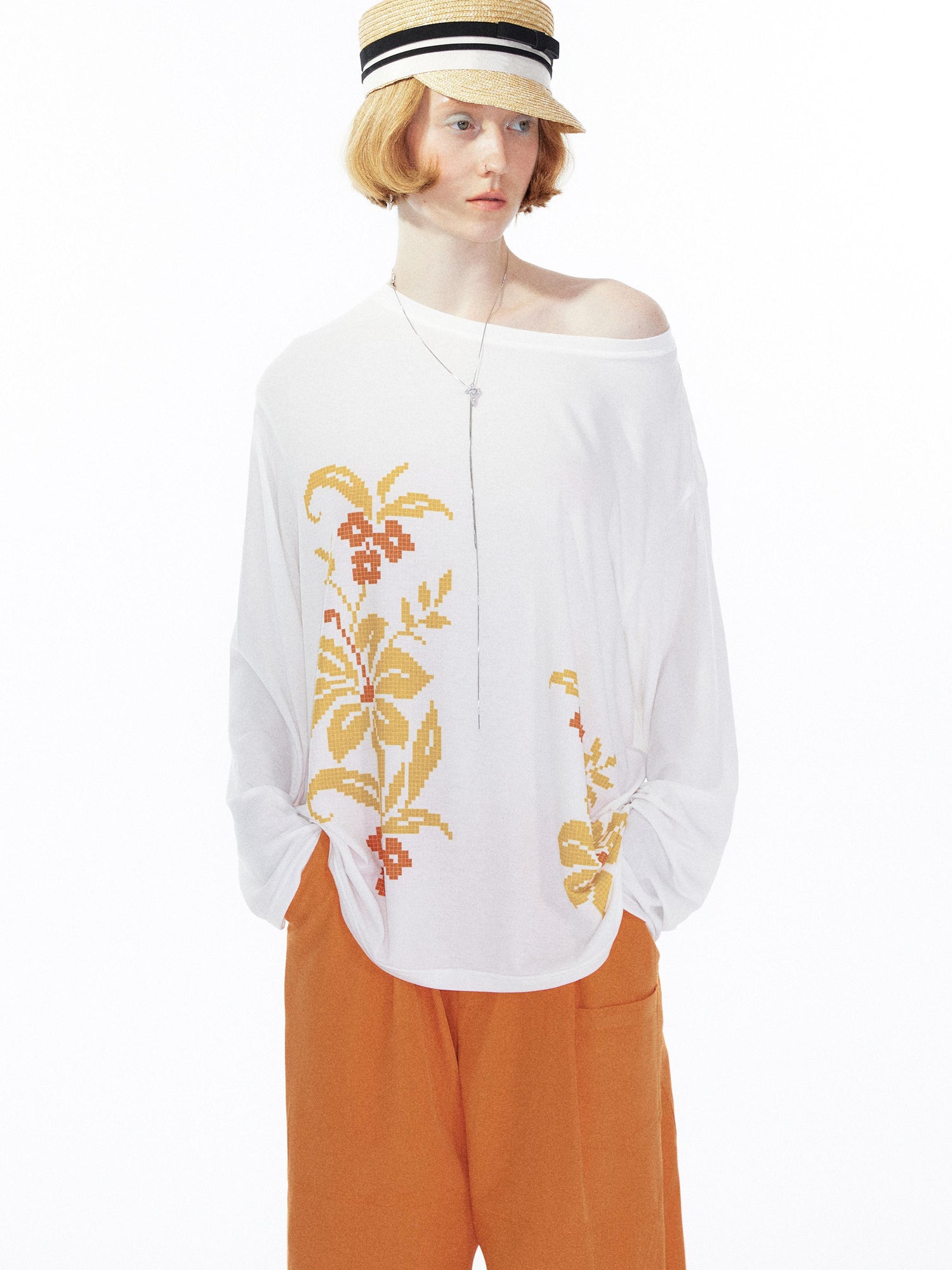YOSHUYUKI Floral Print Off Shoulder Loose Long Sleeve Top