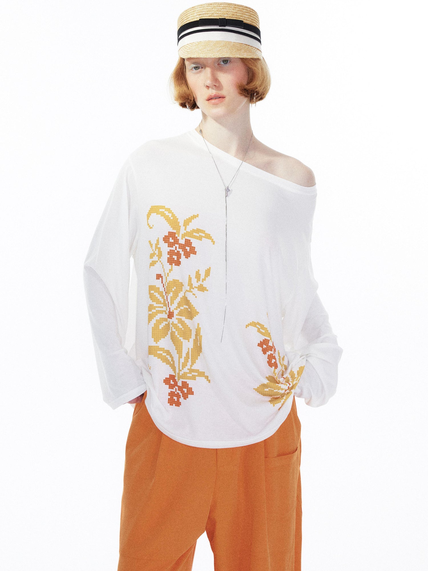 YOSHUYUKI Floral Print Off Shoulder Loose Long Sleeve Top