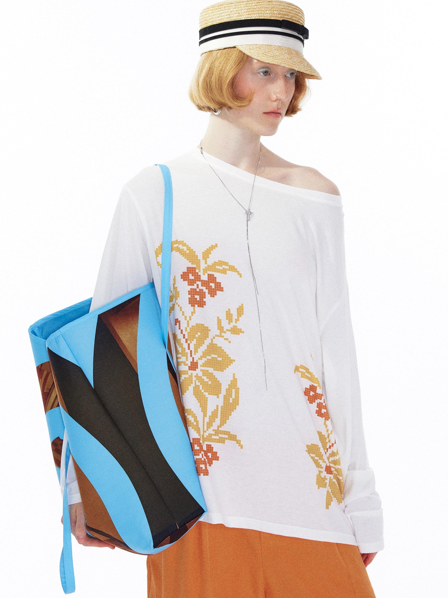YOSHUYUKI Floral Print Off Shoulder Loose Long Sleeve Top
