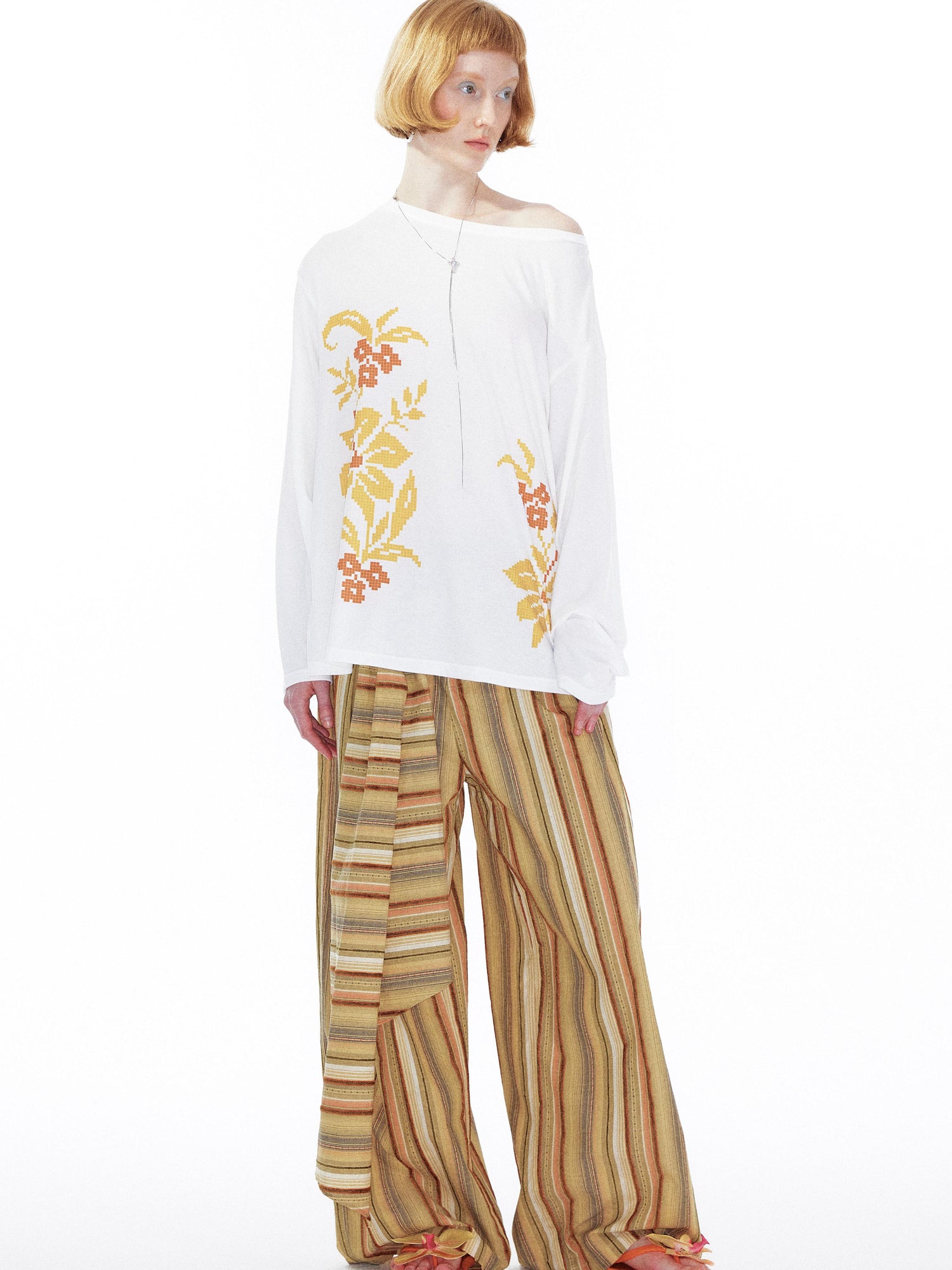 YOSHUYUKI Floral Print Off Shoulder Loose Long Sleeve Top