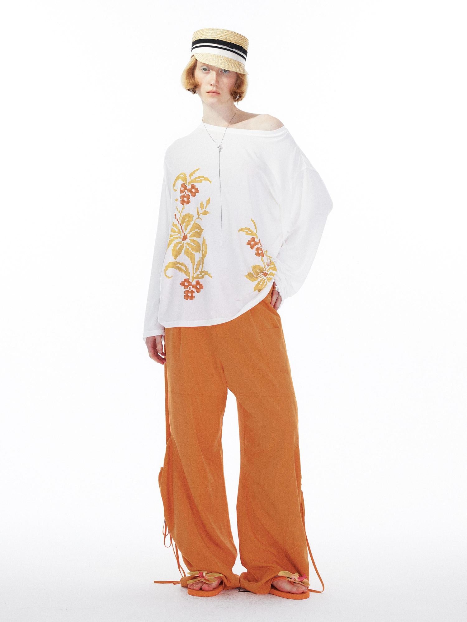 YOSHUYUKI Floral Print Off Shoulder Loose Long Sleeve Top