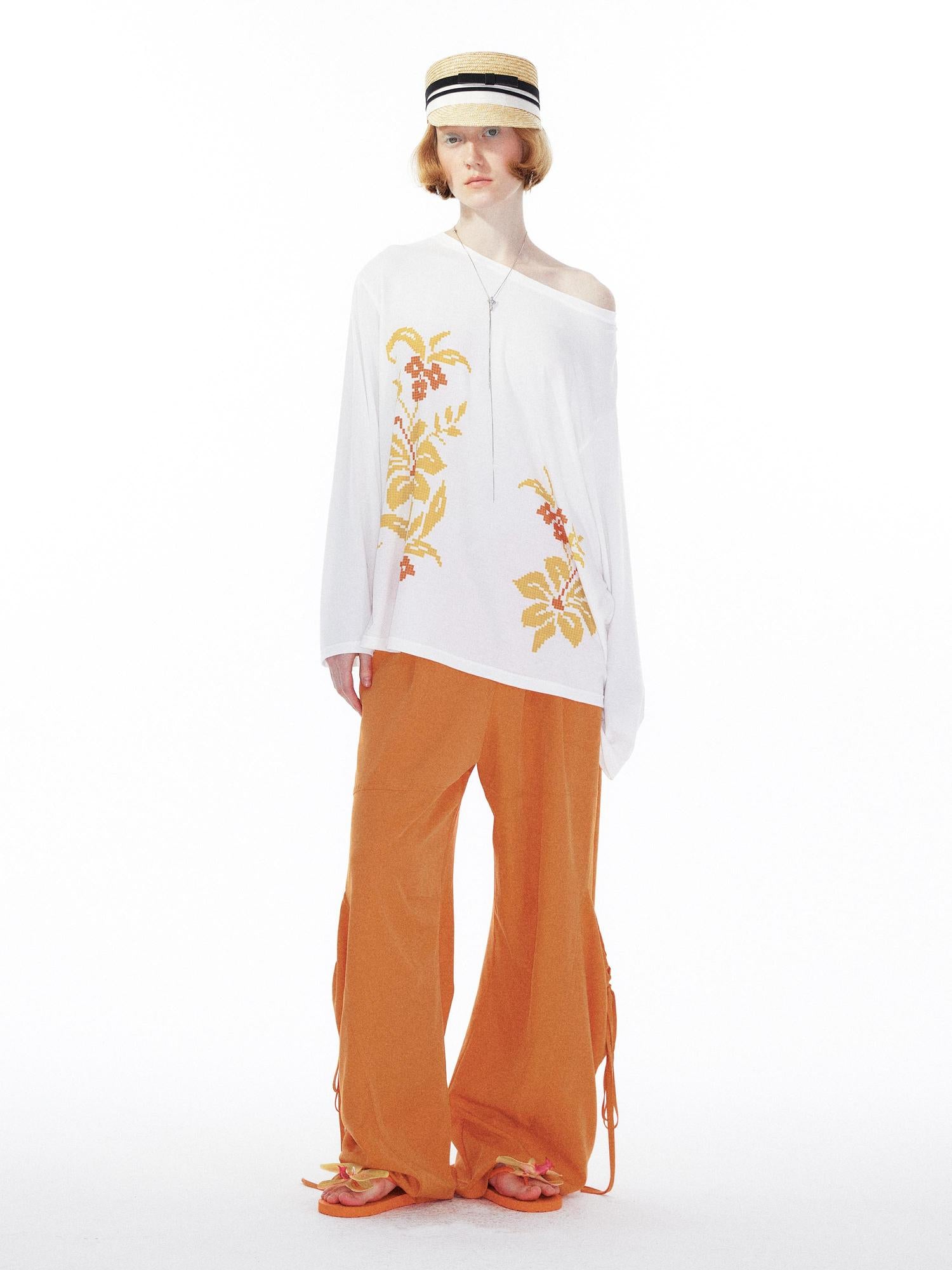 YOSHUYUKI Floral Print Off Shoulder Loose Long Sleeve Top