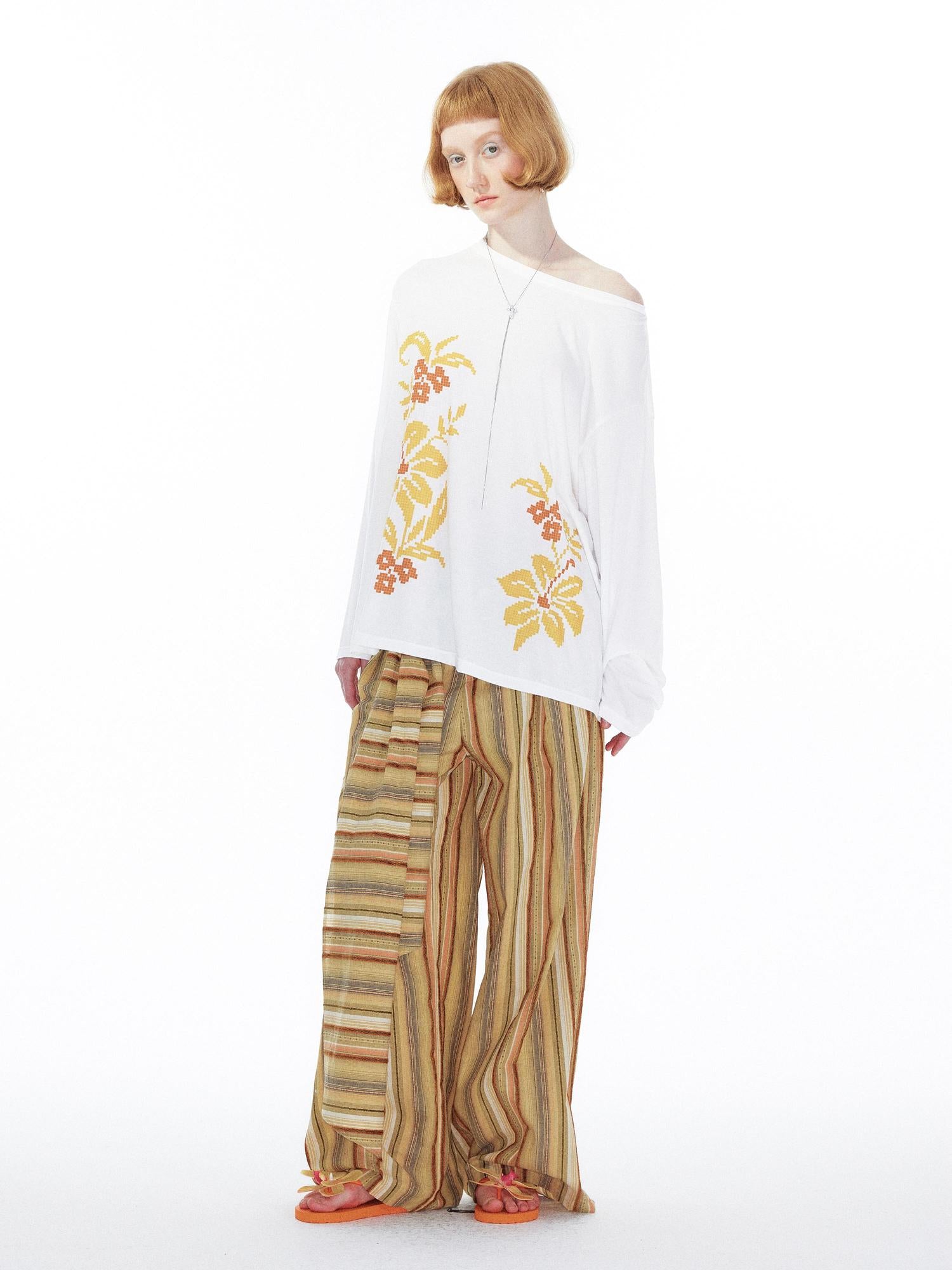 YOSHUYUKI Floral Print Off Shoulder Loose Long Sleeve Top