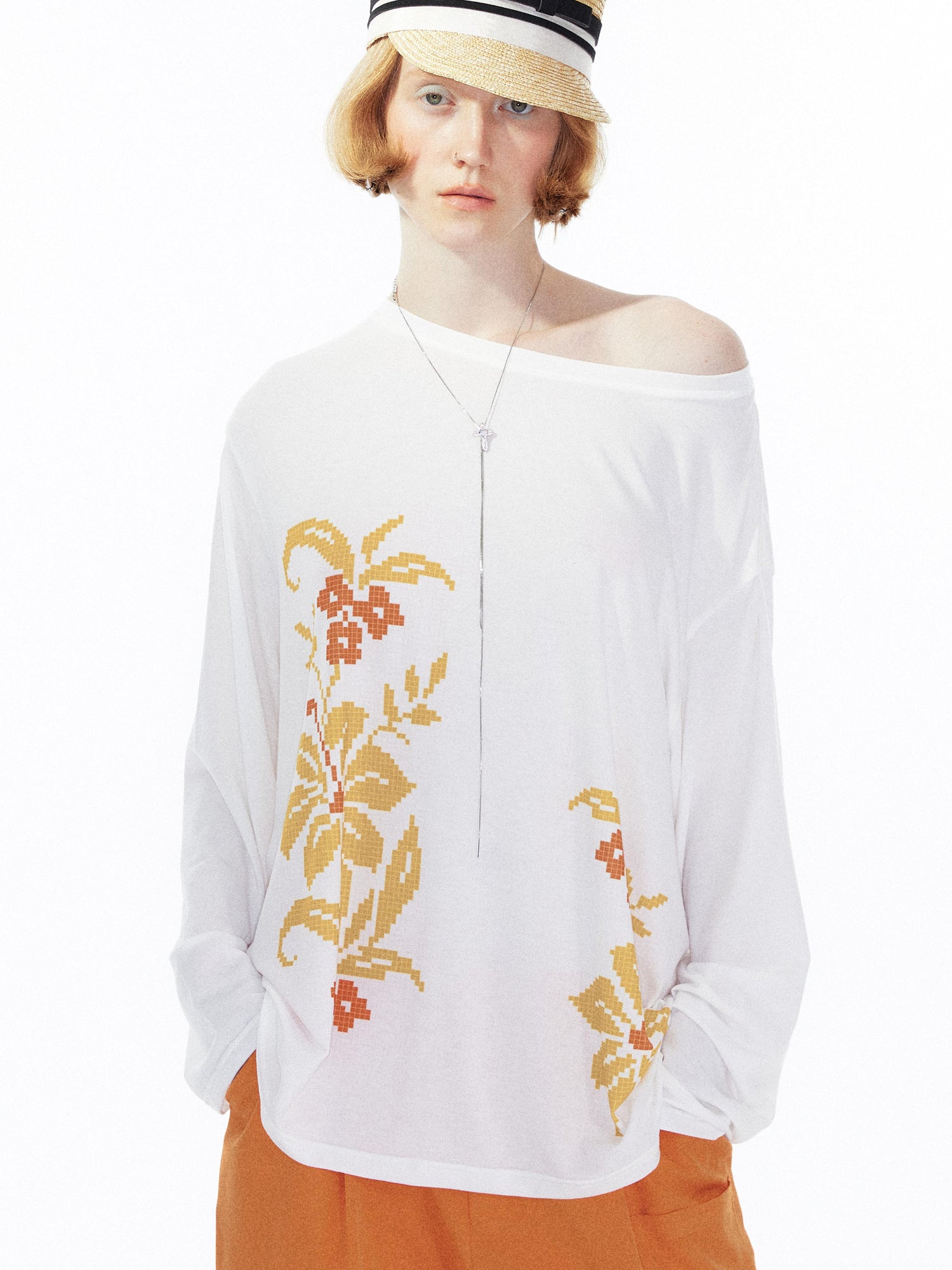 YOSHUYUKI Floral Print Off Shoulder Loose Long Sleeve Top