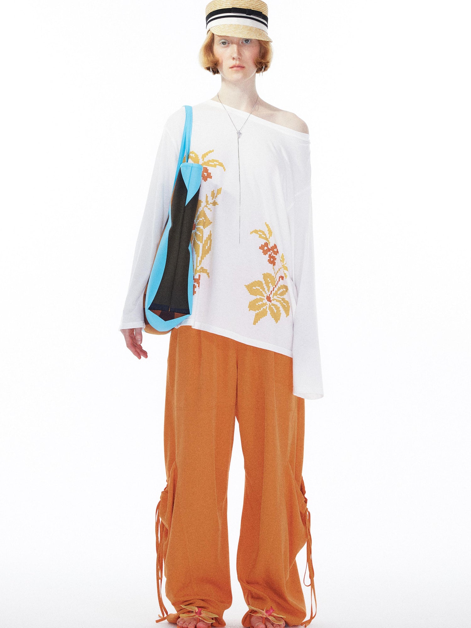 YOSHUYUKI Floral Print Off Shoulder Loose Long Sleeve Top