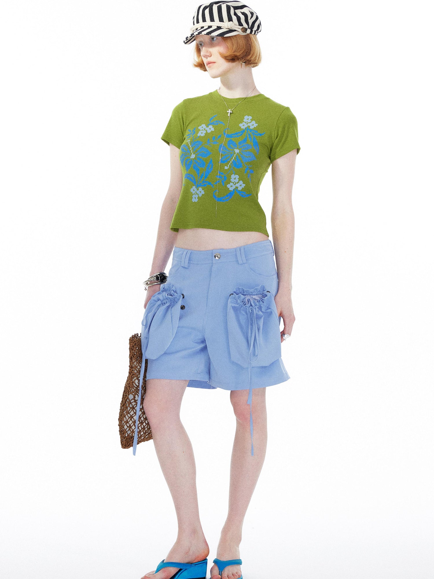 Floral Print Pixel Art Tee In Apple Green